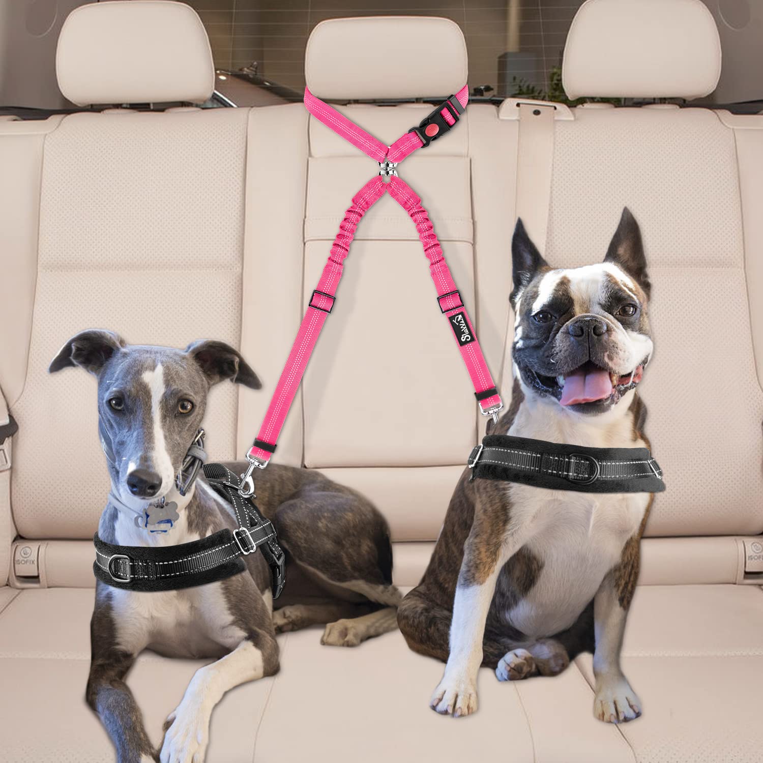 Lukovee Double Dog Seat Belt, New Dual Pet Car Headrest Restraint Safety Seatbelt No Tangle Dog Leash Duty Adjust Elastic Bungee Puppy Lead Splitter Connect Harness In Vehicle Travel For 2 Dogs (Fl)