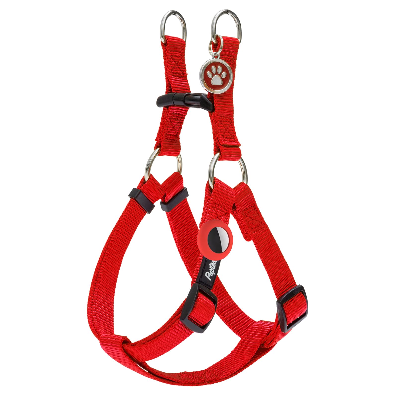 Pupteck No Pull Dog Harness Soft Adjustable Basic Nylon Step In Puppy Vest Outdoor Walking With Id Tag And A-Ir Tag Case, Red, M