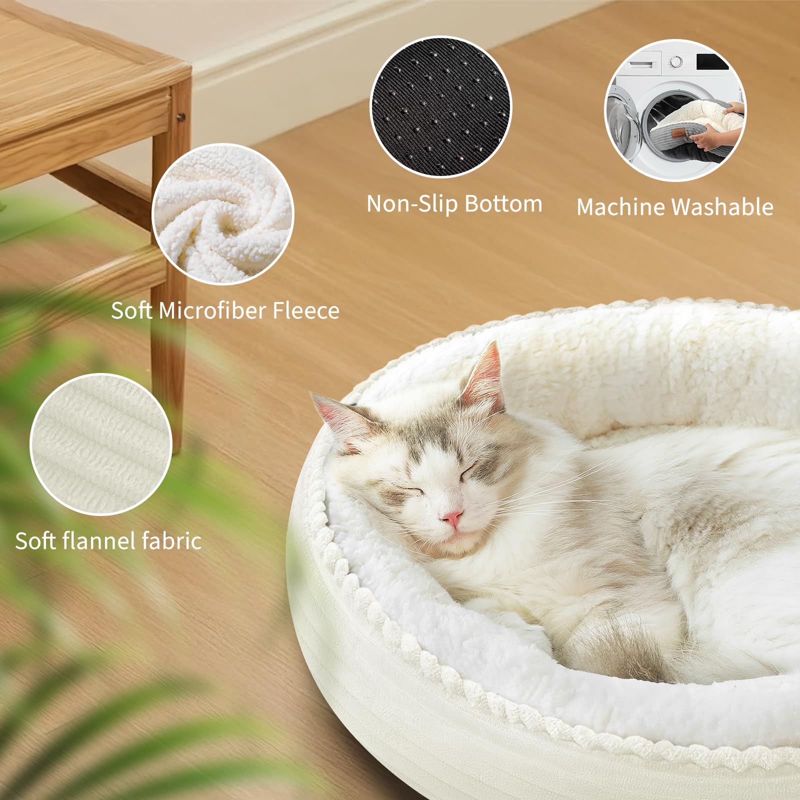 Zerbuger 20" Cream Round Cat Dog Bed - Soft Polyester, Machine Washable, Non-Slip, Calming Pet Cuddler for Indoor/Outdoor Use