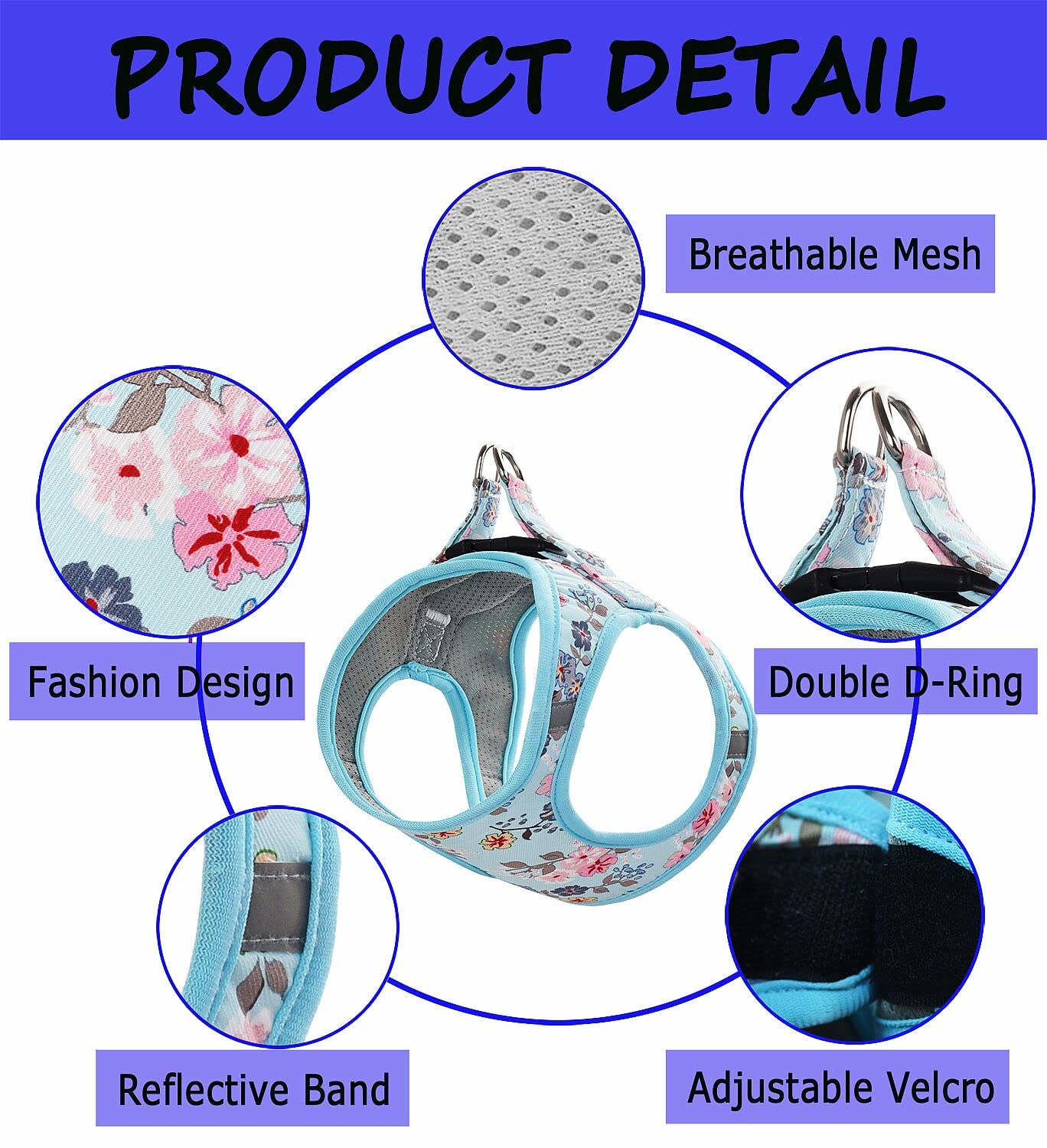 Moonpet Step In Dog Harness Leash Set- All Weather Reflective No-Pull Floral Pattern Padded Mesh Vest Harness For Cats Puppy Ext