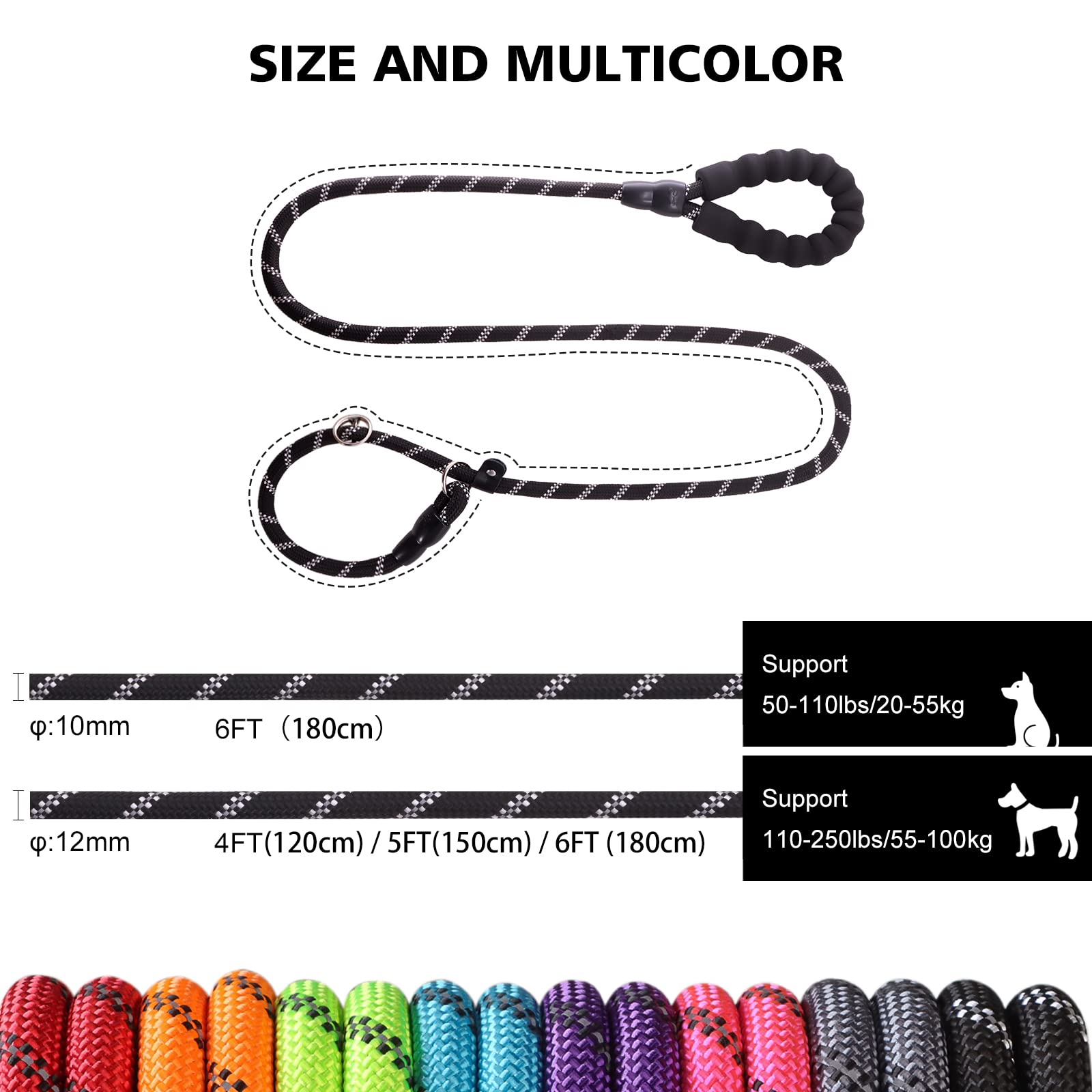 Betmaypet Slip Lead Dog Leash - 4/5/6 FT With Comfortable Handle - Reflective & Heavy Duty Rope for Training (1/2''- 5FT, Black)