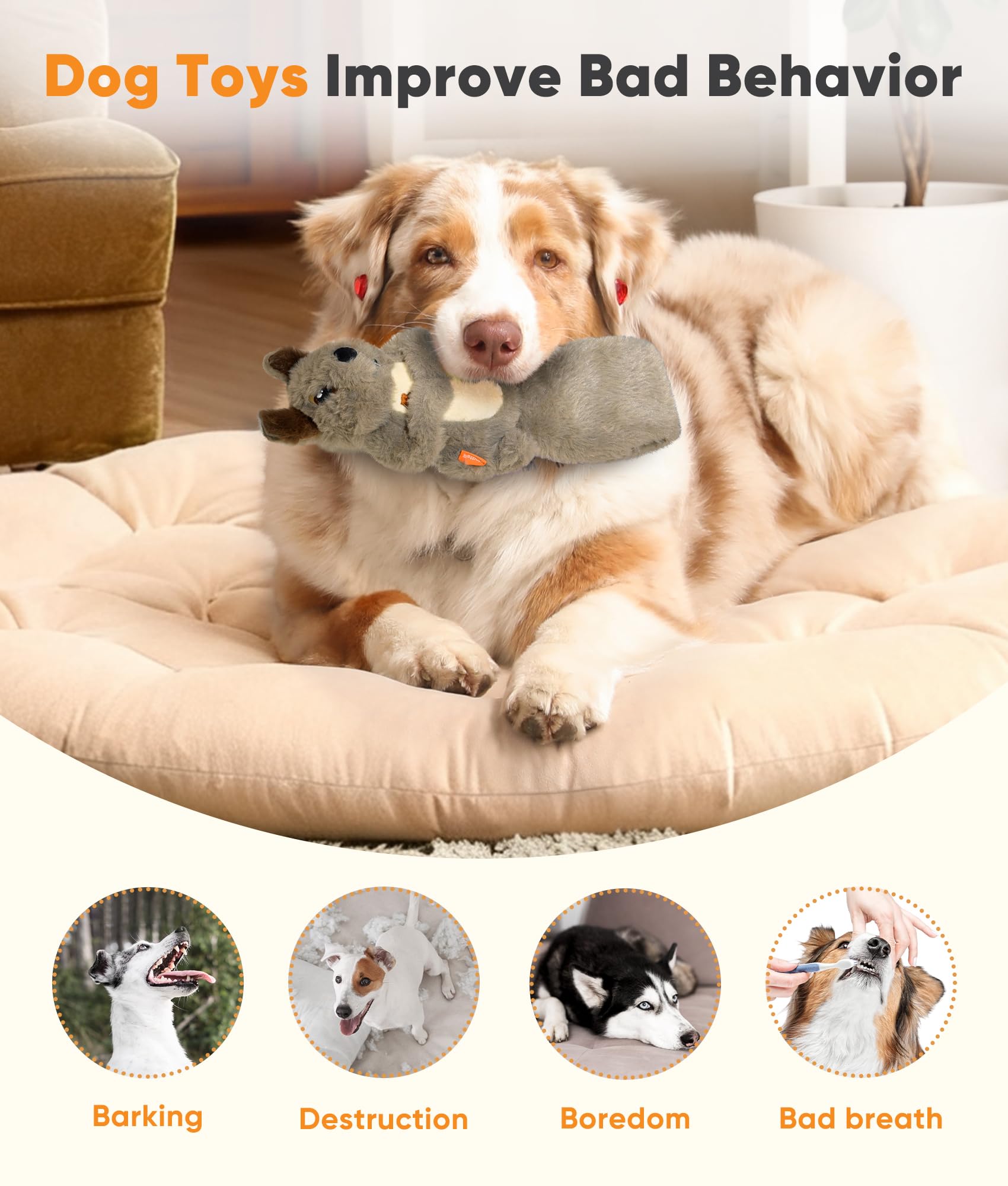 Petbobi Squeaky Dog Toy - Interactive Plush Squirrel Enrichment Toy with Treat-Hiding Pockets & Slow Feeder Puzzle for Small & M