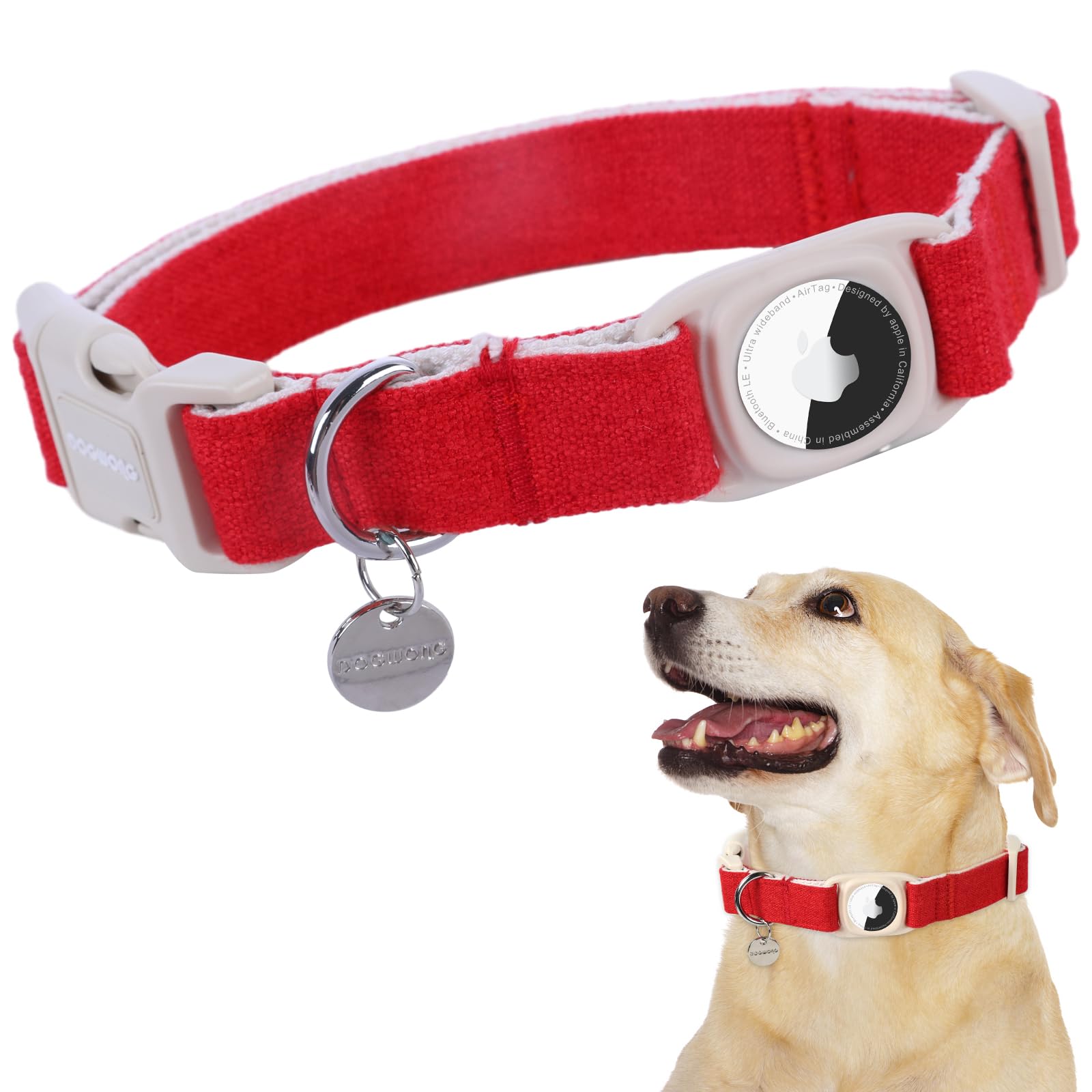 Dogwong Airtag Cotton Hemp Dog Collar, Heavy-Duty With Airtag Holder, Christmas Red, Suitable For Small, Medium, Large Dogs