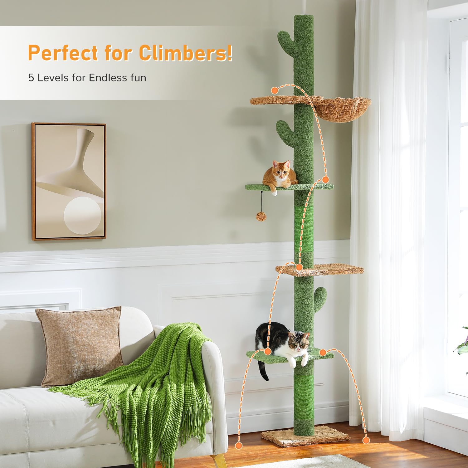 Pawz Road Cat Tree, Cactus Floor To Ceiling Cat Tower With Adjustable Height(95-108 Inches), 5 Level Cat Climbing Tower With Coz