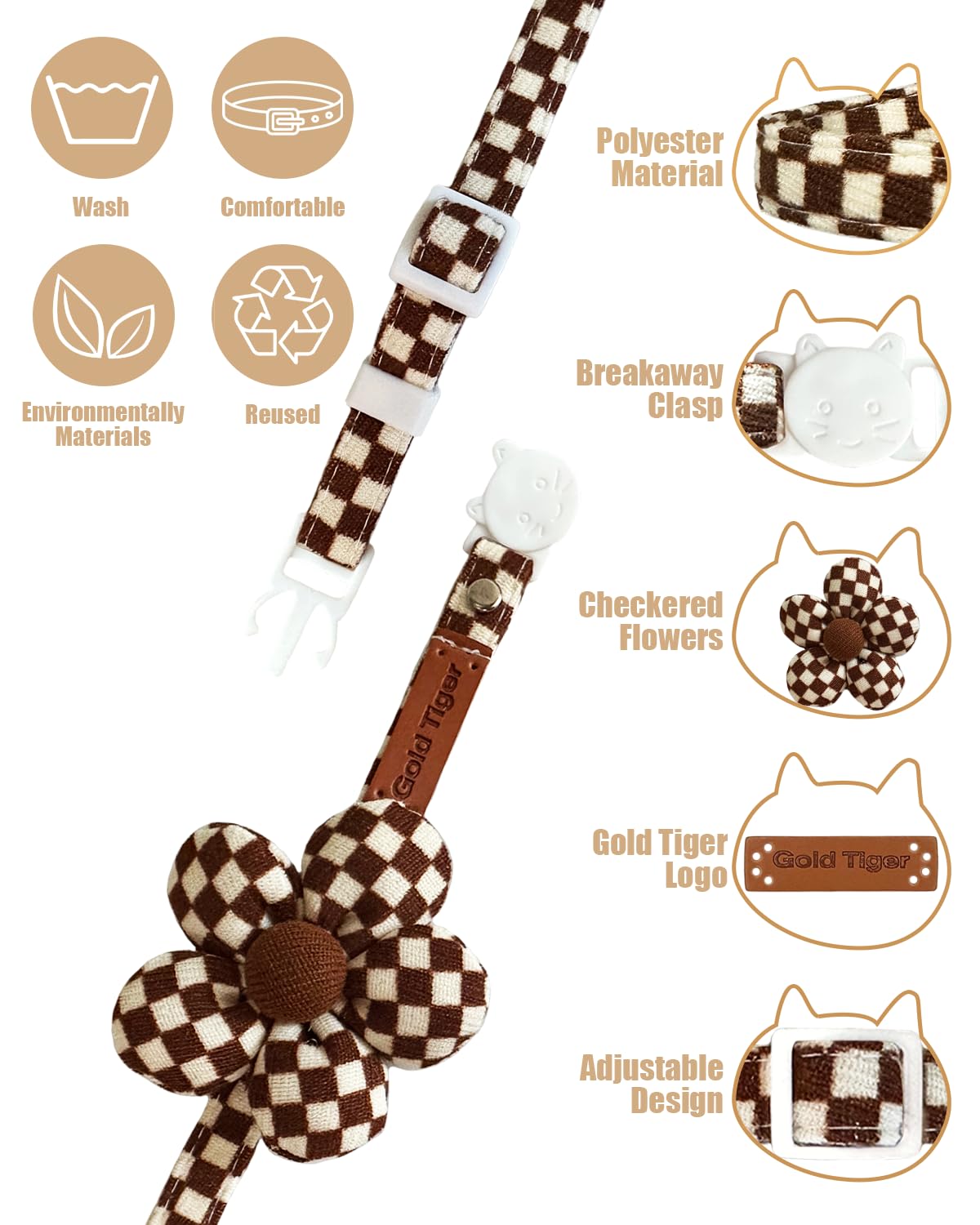Goldtiger Stylish Black And White Checkered Cat Collar With Flower - Breakaway Safety Collar And Adjustable Size 7.09-12.6 Inche