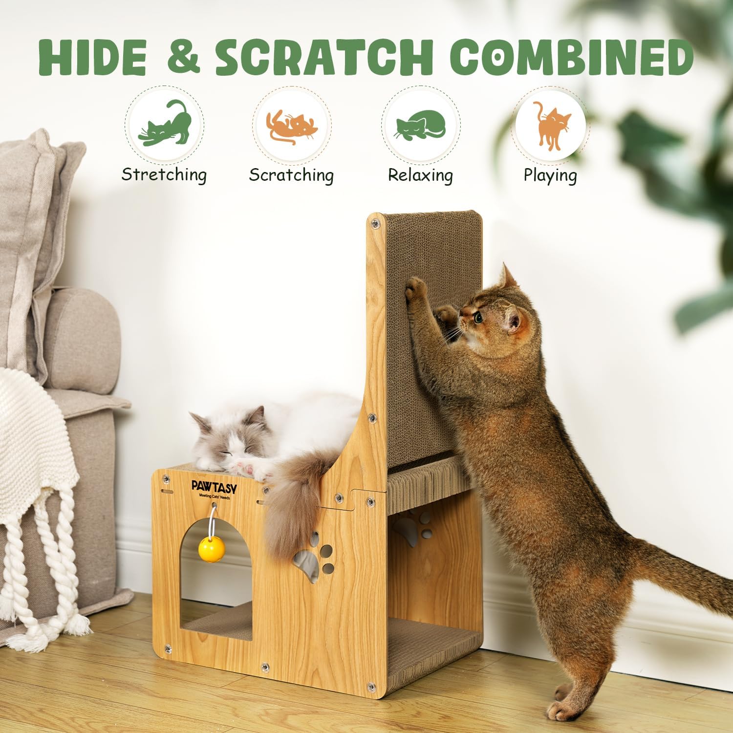 Cat Scratcher Pad For Indoor Cats, Cardboard Scratching Post Vertical Cat Scratch House, Kitten Scratching Board Box With Ball T
