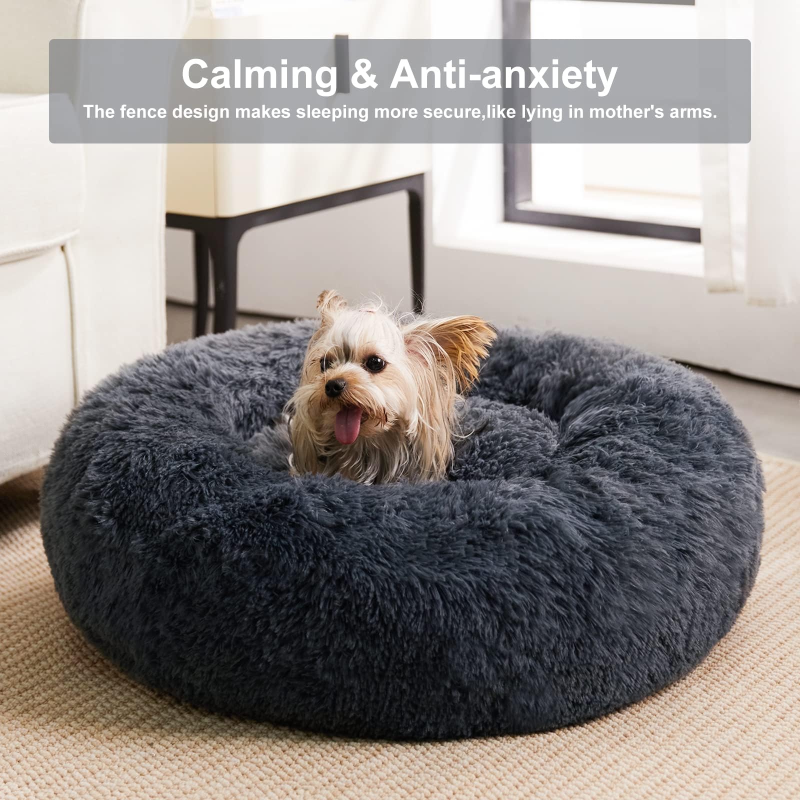 Wnpethome Calming Dog Beds For Large Dogs, Anti-Anxiety Donut Large Pet Bed, Fluffy Faux Fur Plush Pet Bed,Warming Cozy Soft Rou