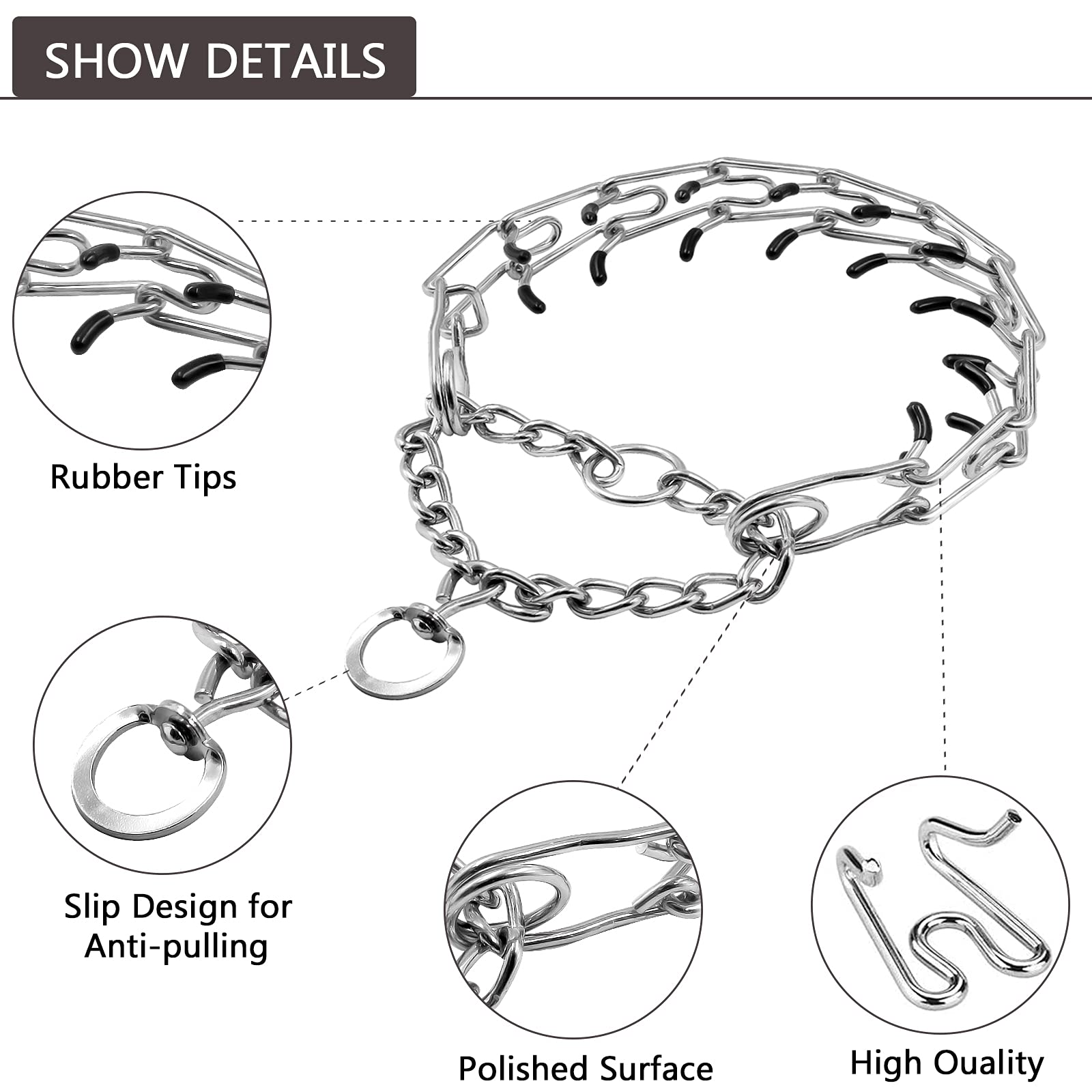 Monlida Dog Prong Collar, Adjustable Choke Collar for Dogs, High-Strength Metal Collar with Comfort Rubber Tips, for Large Breed