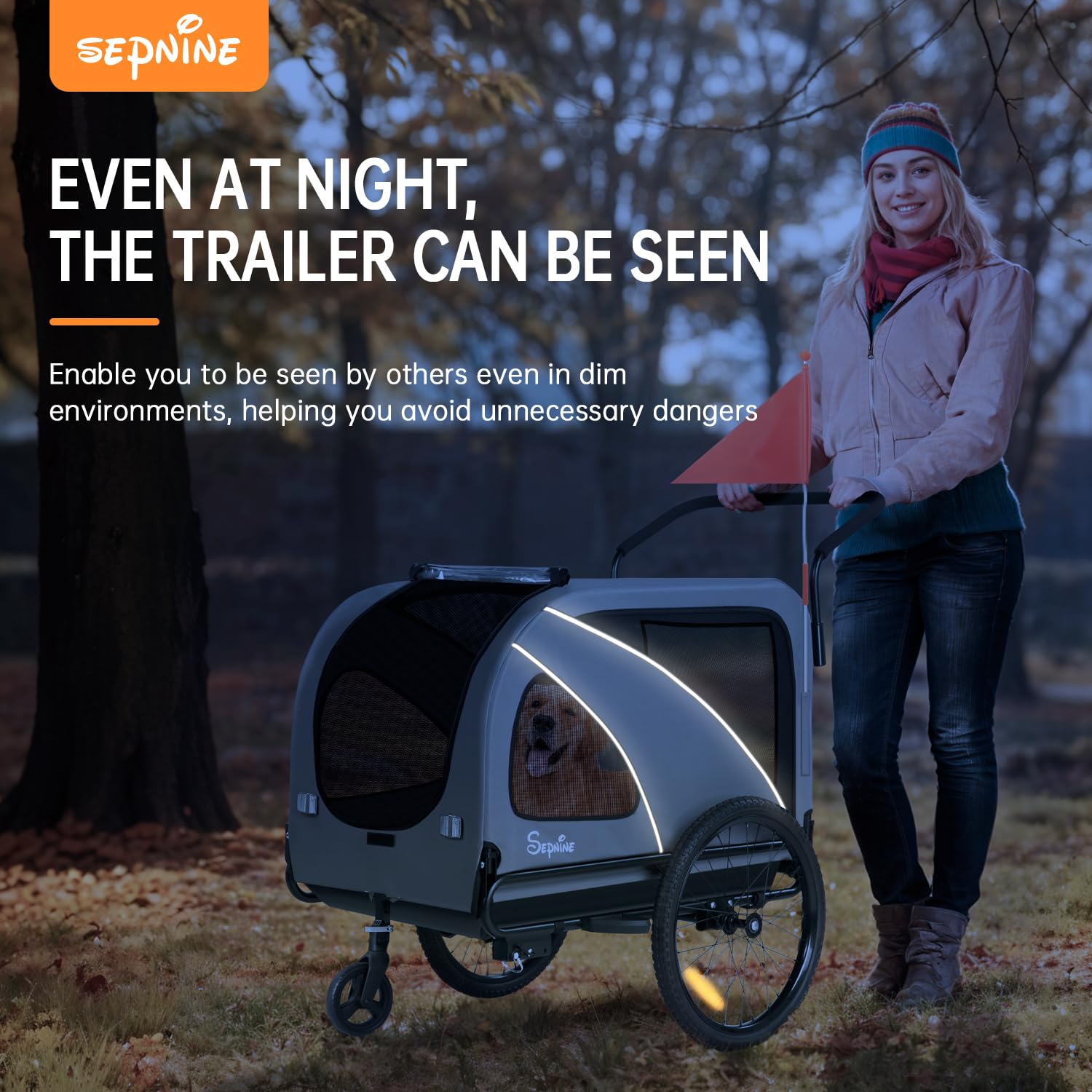 Sepnine Dog Bike Trailer, Supports up to 88 lbs, 2-in-1 Pet Stroller Cart Bicycle Carrier, Easy Folding Cart Frame with Quick Re