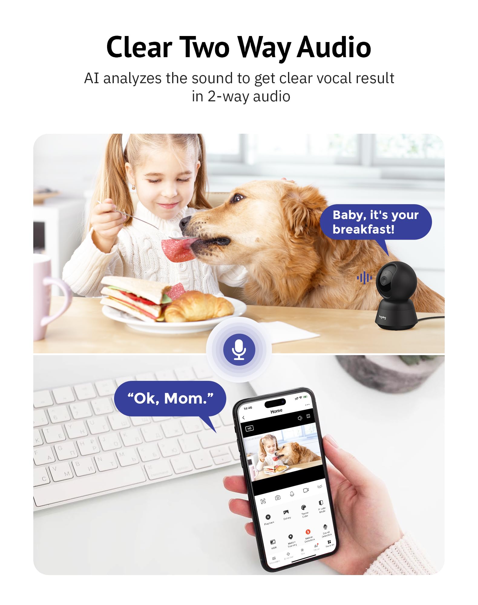 Hugolog 4K 8MP Indoor Pan/Tilt Security Camera with Auto-Focus,Ideal for Baby Monitor/Pet Camera/Home Security,Starlight Color N