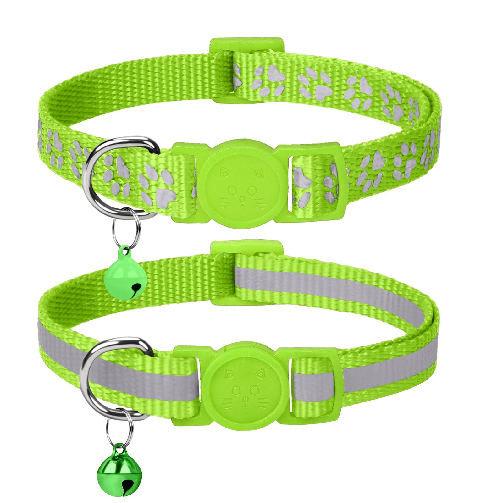Taglory Reflective Cat Collars Breakaway With Bell, 2-Pack Girl Boy Pet Kitten Collar Adjustable 7.5-12.5 Inch, Green