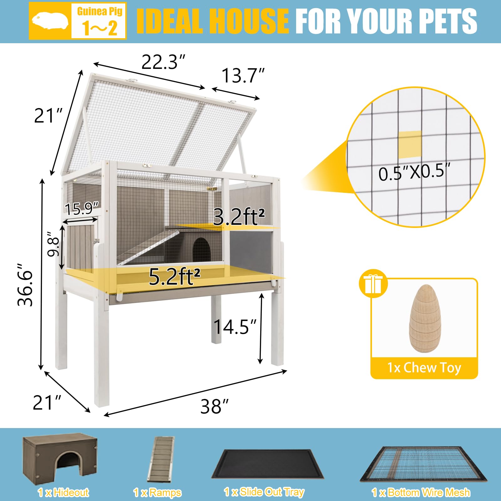 Ketive Guinea Pig Cages Indoor, Wooden Guinea Pig Cages With Stand, Rabbit Cage Hutch With Ramp And Hideout, Small Animals Cage