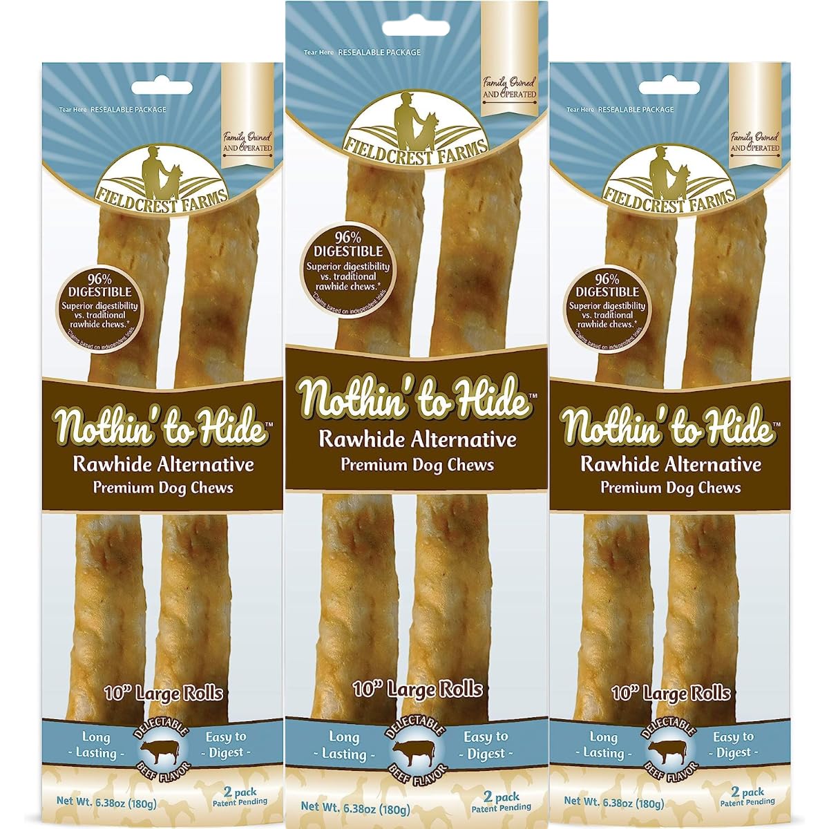 Fieldcrest Farms Nothing to Hide Natural Rawhide Alternative Large 10 Rolls for Dogs - 3 Pack (6 Chews) Premium Grade Easily D