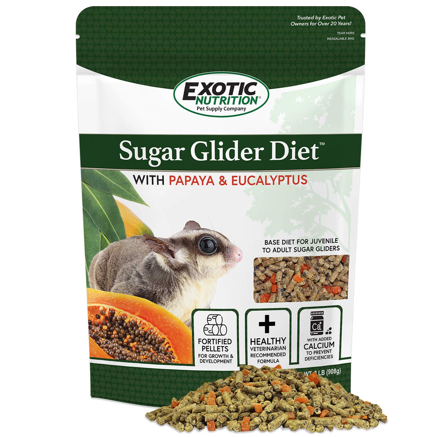 Sugar Glider Diet with Papaya and Eucalyptus (2 lb) - High Protein All Natural Healthy Sugar Glider Food - Nutritionally Complet