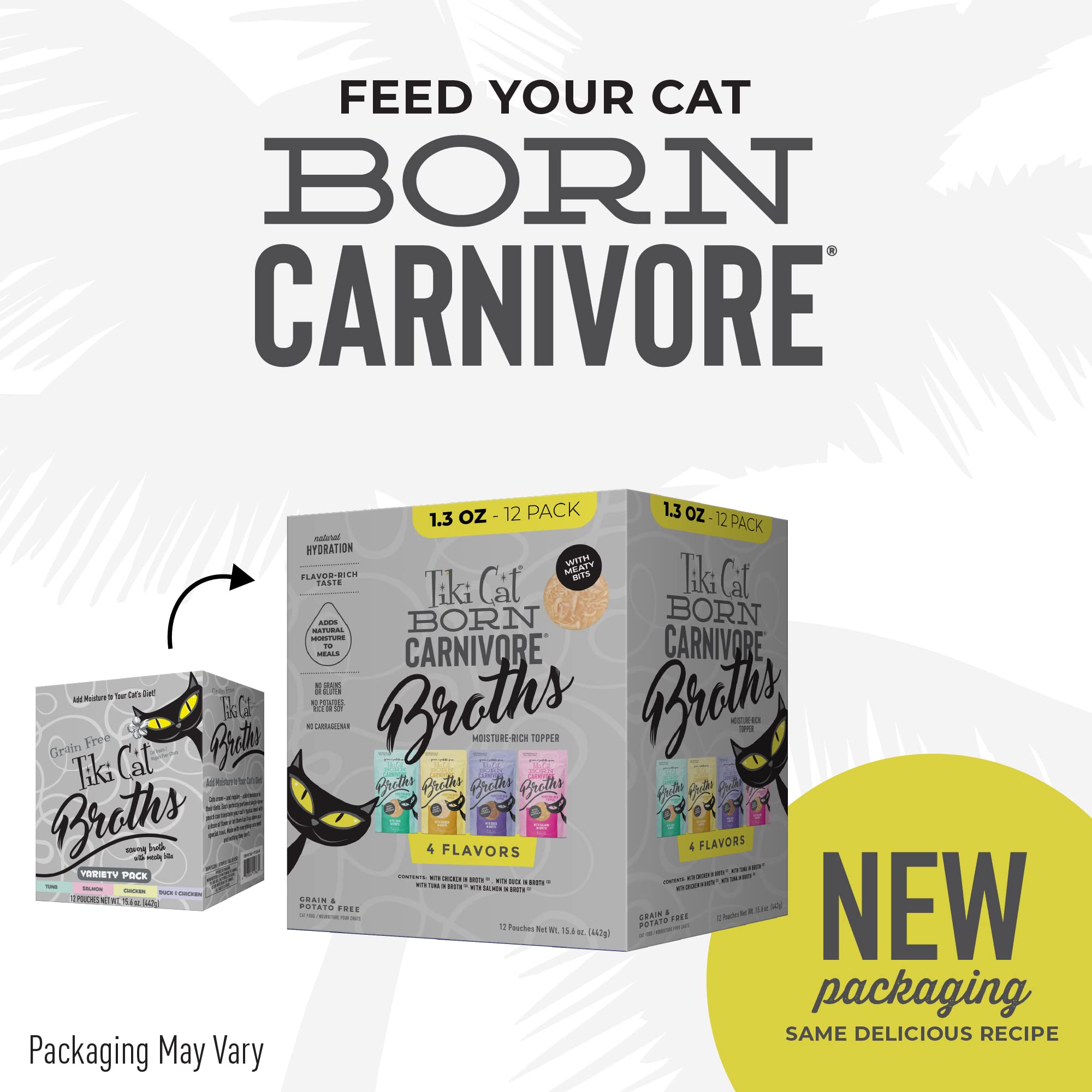 Tiki Cat Born Carnivore Broths Variety Pack, Meaty Bites, Hydration and Flavor Supplement Wet Cat Food Topper, 1.3 oz. Pouch (Pa