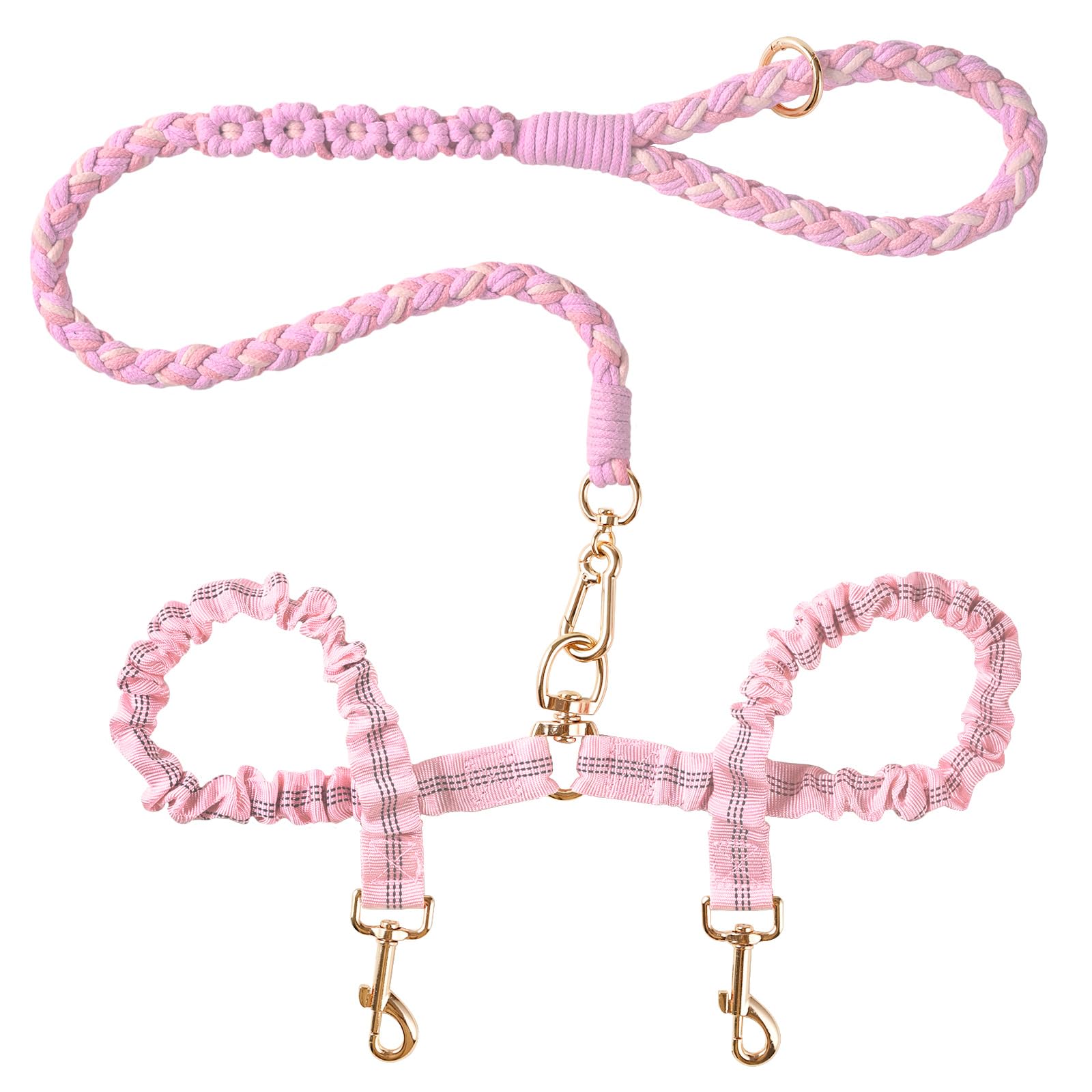 Dual Dog Leash,Double Dog 360 Swivel No Tangle Walking Leash,Comfortable Shock Absorbing Reflective Bungee For Two Dogs(Pink)