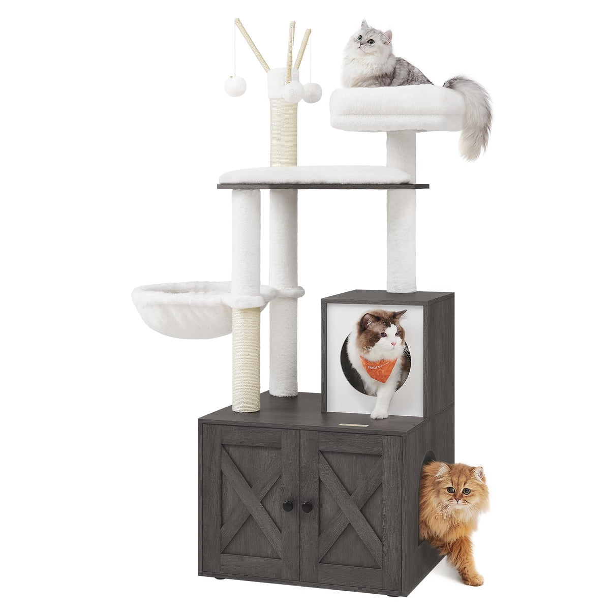 Feandrea Cat Tree With Litter Box Enclosure, 2-In-1 Modern Cat Tower, 55.1-Inch Cat Condo With Scratching Posts, Removable Pompo