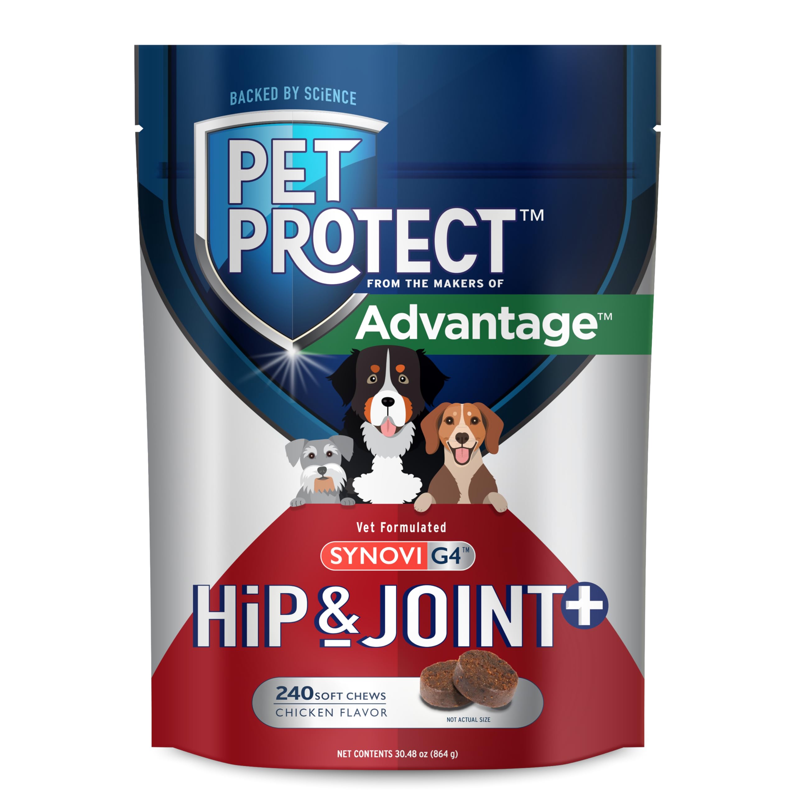 Pet Protect Dog Hip & Joint+ Supplement for Active & Aging Dogs, Vet-Formulated Synovi G4, Dog Glucosamine, Chicken-Flavored Sof
