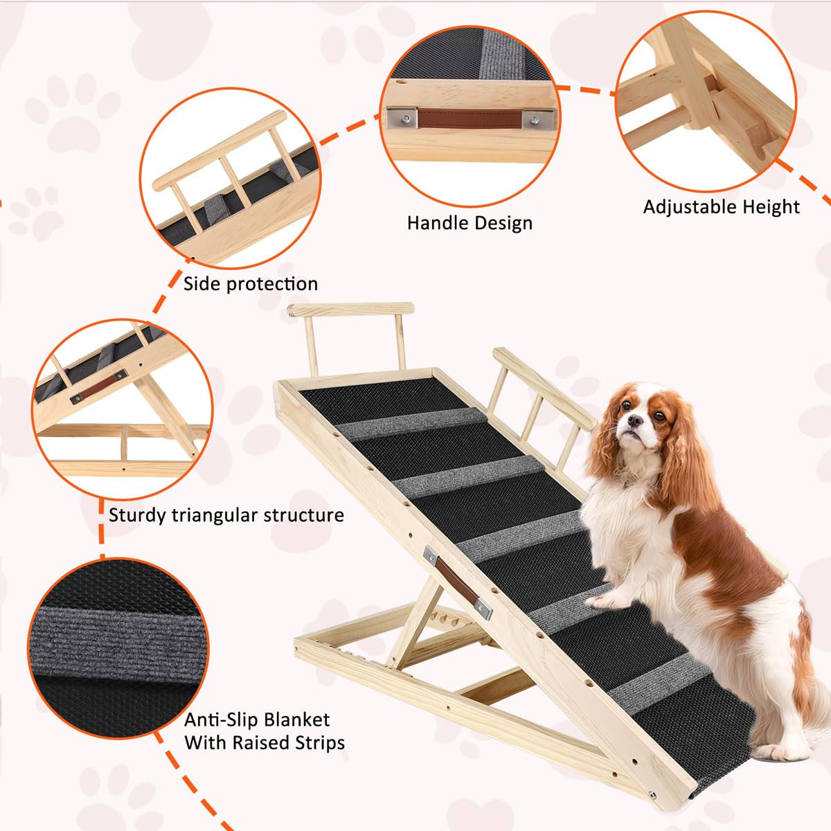 Galigali Dog Ramp, Adjustable Portable Folding Pet Ramp, Grey 43.3' Long Wooden With Non-Slip Traction Pad For Small Old Dogs A