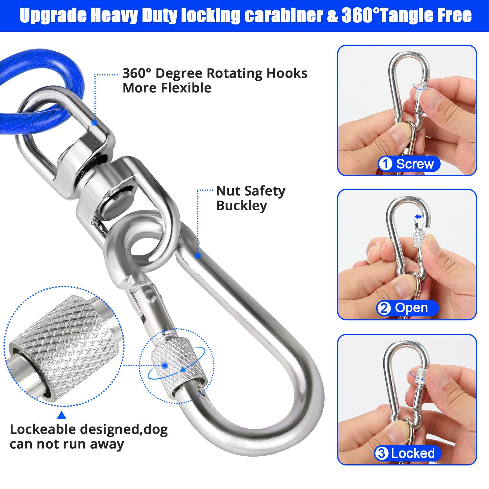 Jenico Dog Tie Out Cable, 10/15/20/30/40/50/70/100/150FT Runner Cable with Swivel Hook and Shock Spring, Yard and Camping Dog Le