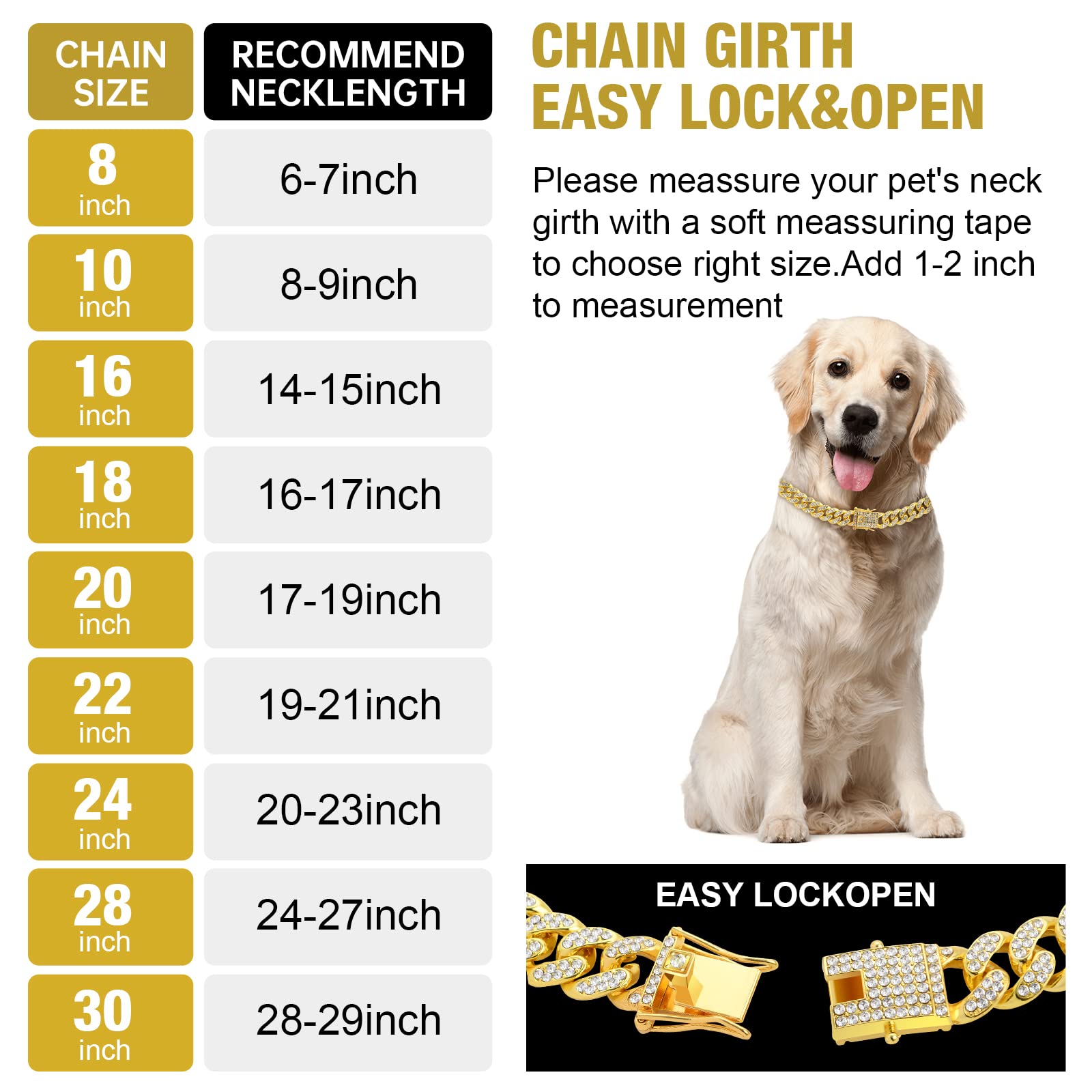 Wimupath Gold-Plated Diamond Dog Collar - Cuban Style Metal Chain With Secure Buckle, Luxury Durable Collar For Small/Medium/Lar
