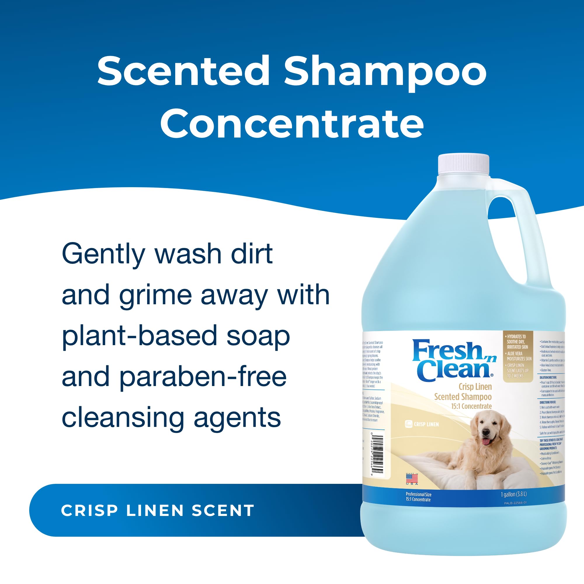 Petag Fresh N Clean Crisp Linen Scented Shampoo (15:1 Concentrate) - 1 Gallon - Soothes Dry, Irritated Skin With Vitamin E & Alo