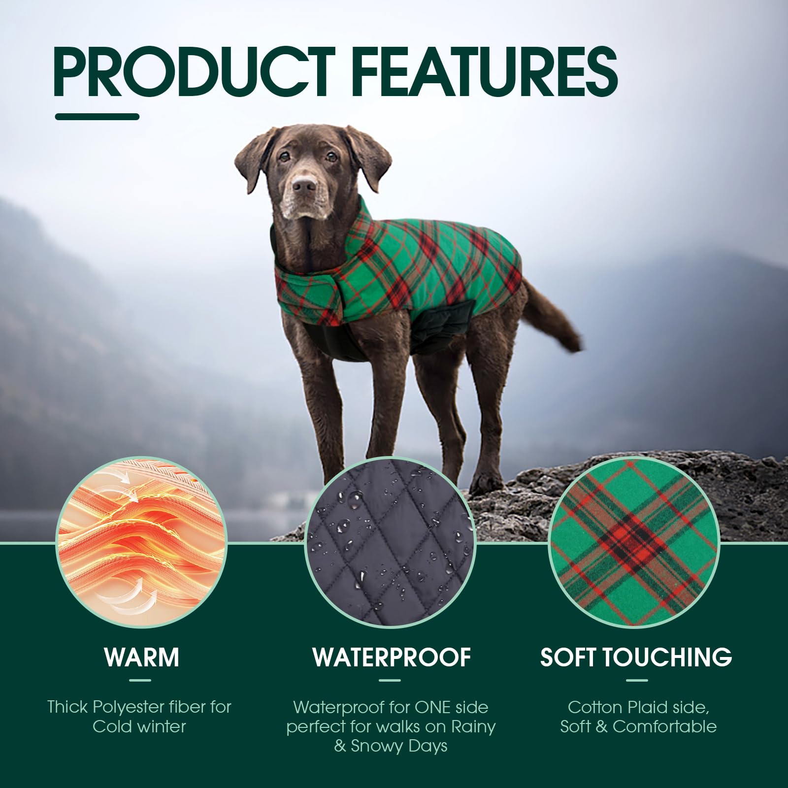 Kuoser Warm Dog Coat, Reversible Dog Jacket Waterproof Dog Winter Coat British Style Plaid Dog Clothes Pet Dog Cold Weather Coats Cozy Snow Jacket Vest For Small Medium Large Dogs Christmas Green Xs