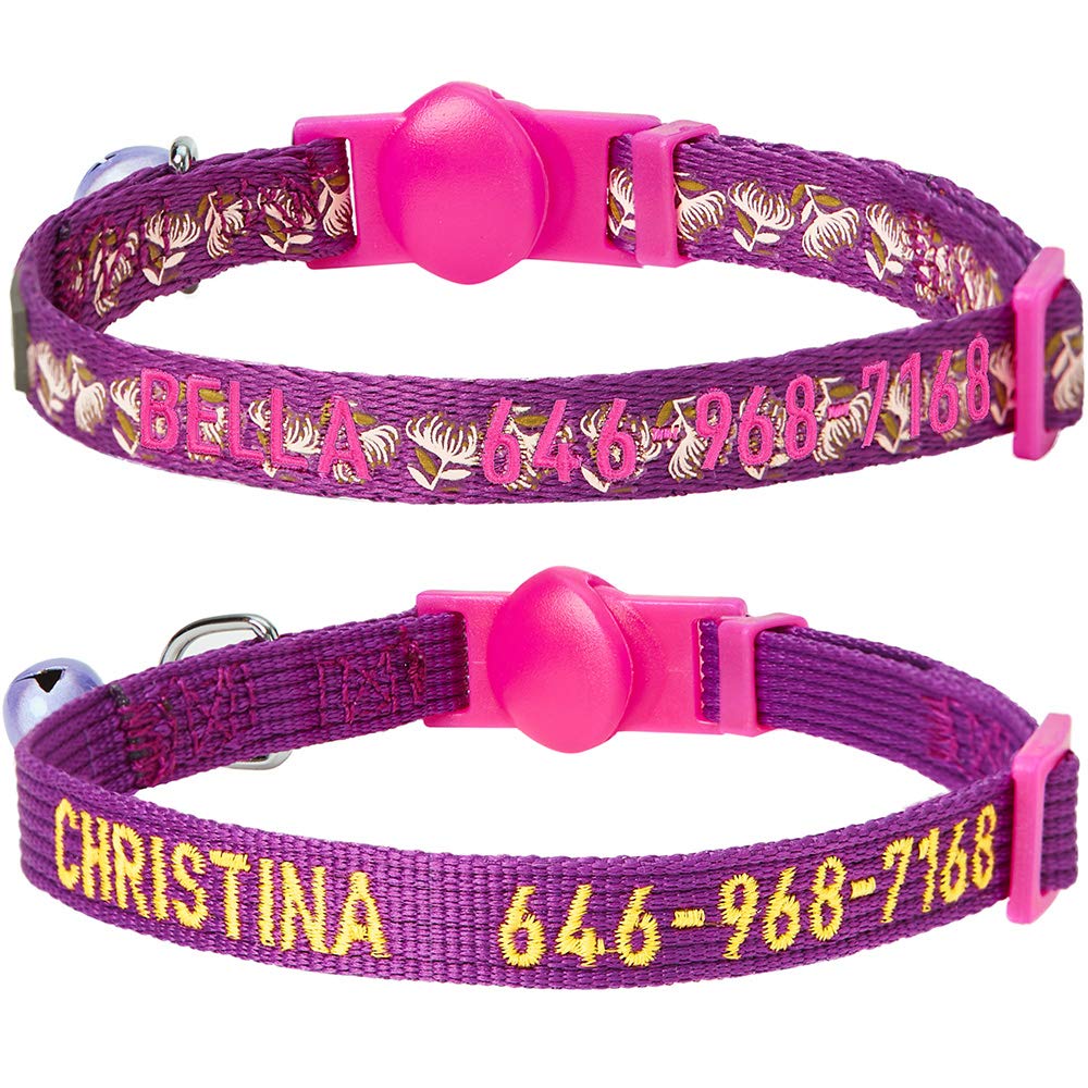 Blueberry Pet Pack Of 2 Personalized Stunning Plum Cat Collars With Bell & Detachable Flower, Adjustable Breakaway Id Collars Em