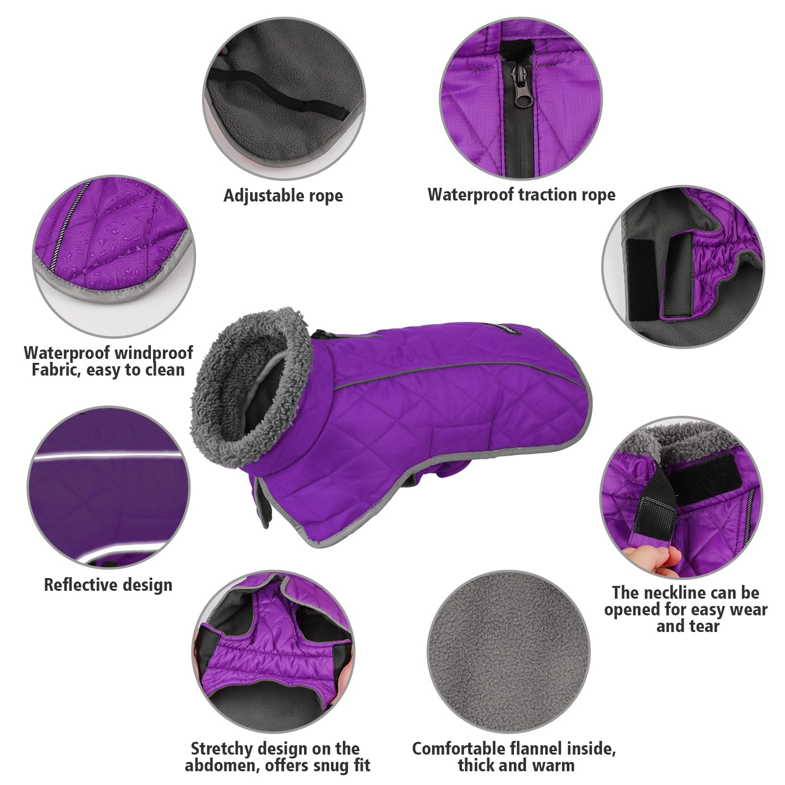 Fragralley Waterproof Dog Coat Small, Fleece Lined, Adjustable Reflective Winter Jacket, Purple S, Model TC2011