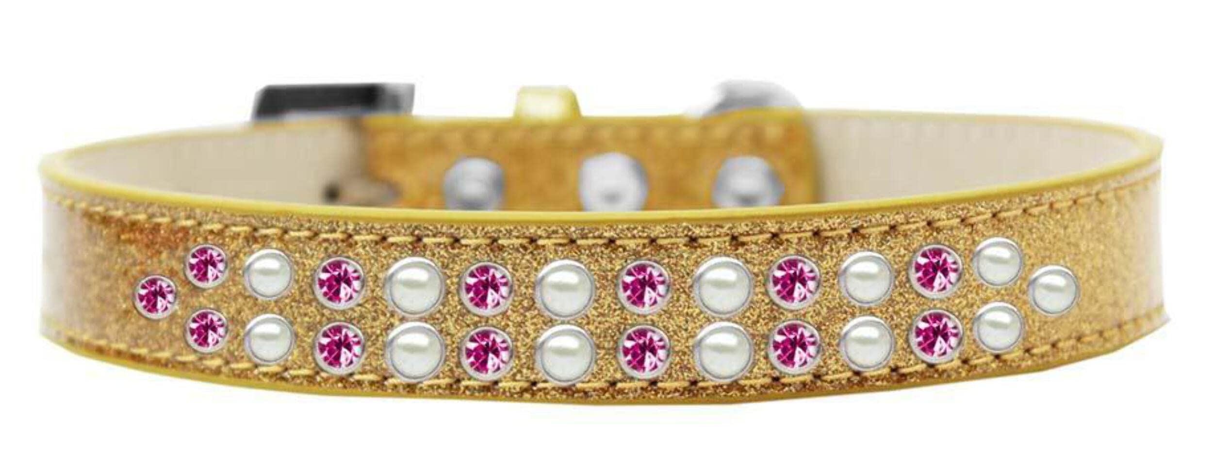 Mirage Pet Products Two Row Pearl and Pink Crystal Ice Cream Dog Collar, Size 16, Gold