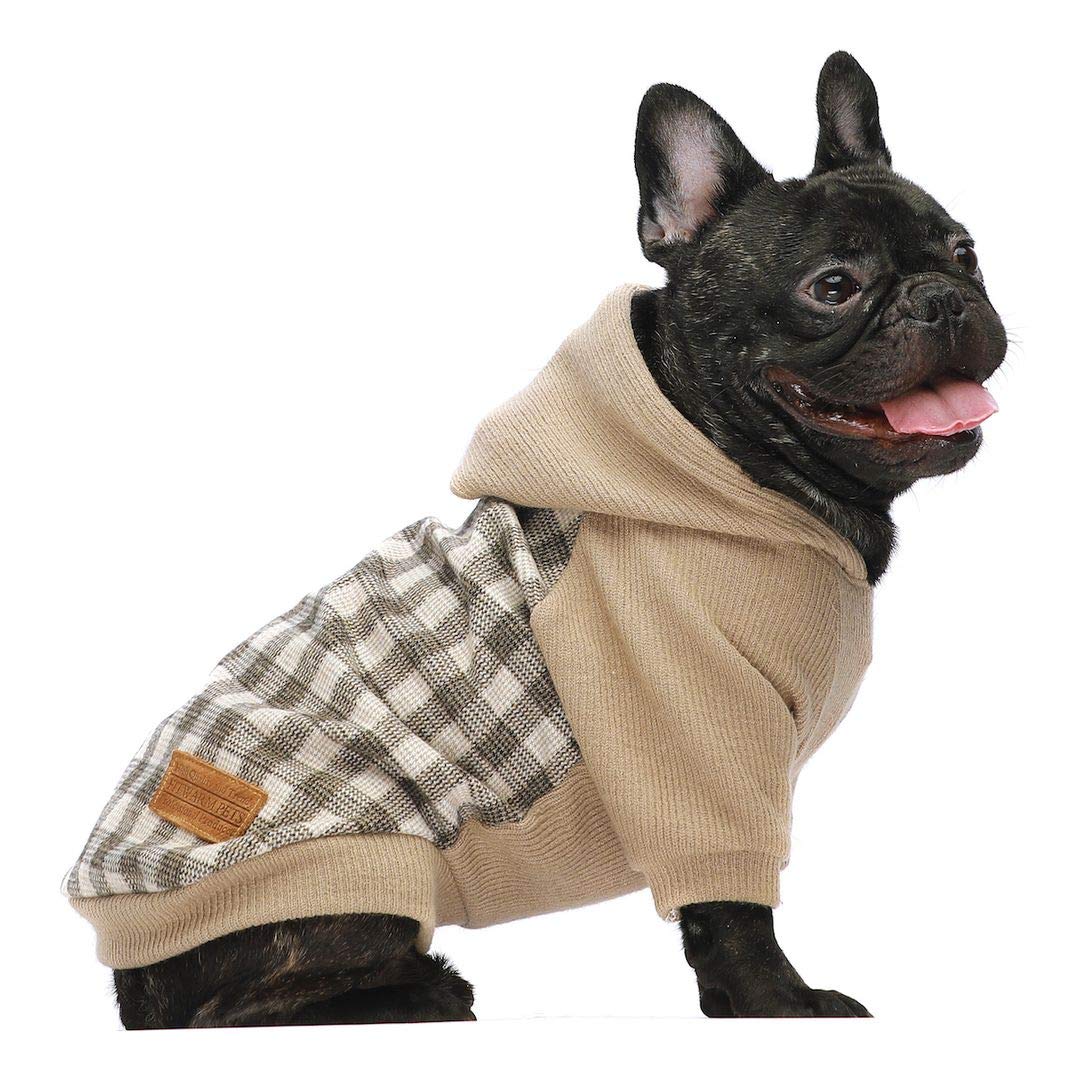 Fitwarm Tartan Plaid Dog Hoodie, Knitted Dog Clothes for Small Dogs Boy, Pet Sweatshirt, Knitted Sweater, Beige, Large