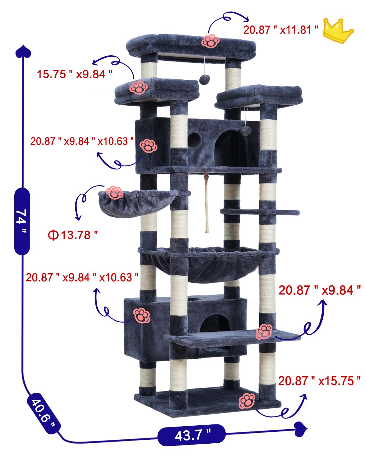 Gitelsnour Cat Tree For Indoor Cats Large Adult, 74'' Cat Tower With 3 Big Platforms, 2 Baskets, 2 Condos, Multi-Level Cat Scrat