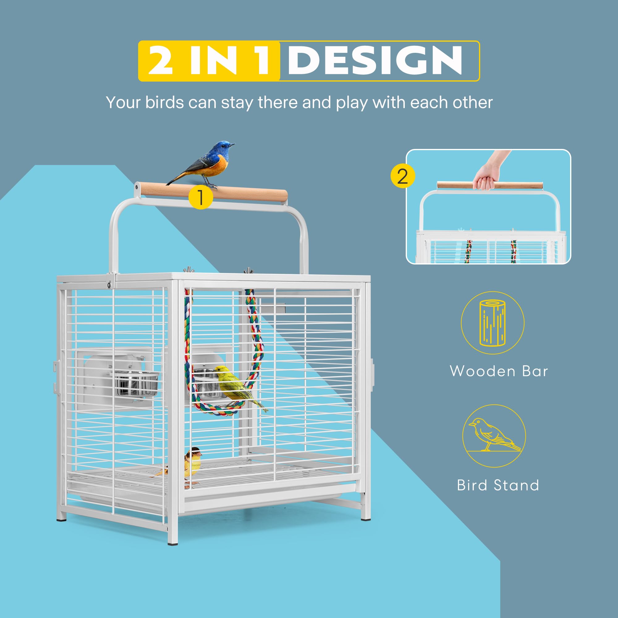 Vivohome 19 Inch Wrought Iron Bird Travel Carrier Cage For Parrots Conures Lovebird Cockatiel Parakeets White