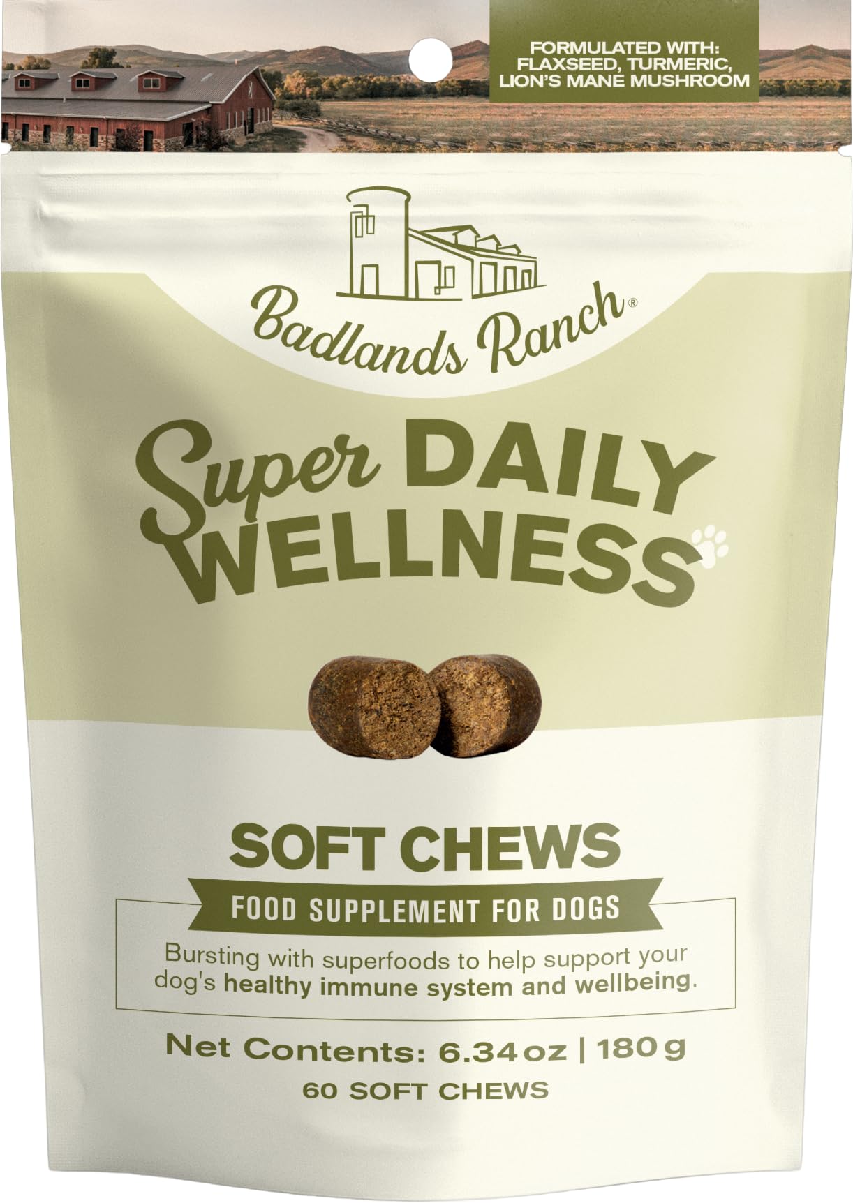 Badlands Ranch Super Daily Wellness Soft Chews for Dogs - Superfood Blend with Flaxseed, Turmeric & Lions Mane Mushroom - 60 Sof