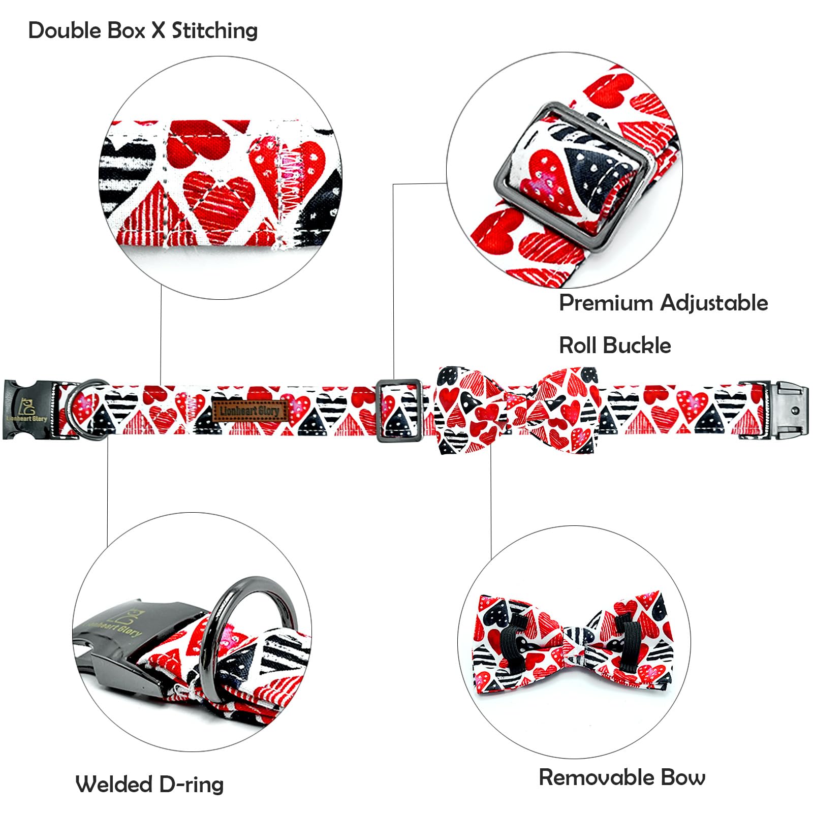 Lionheart Glory Dog Bow Collar Valentine'S Day Dog Collar For Small Dogs Red Hearts Print Dog Collar With Bowtie Spring Dog Coll