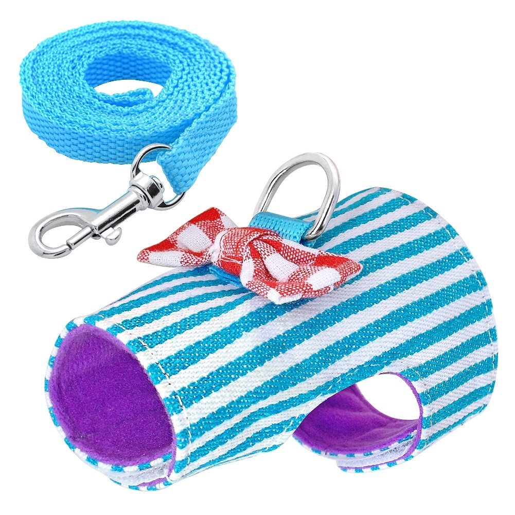 Stock Show Small Pet Outdoor Walking Harness Vest And Leash Set With Cute Bowknot Decor Chest Strap Harness For Rat Ferret Squirrel Hamster Clothes Accessory, Blue Stripe