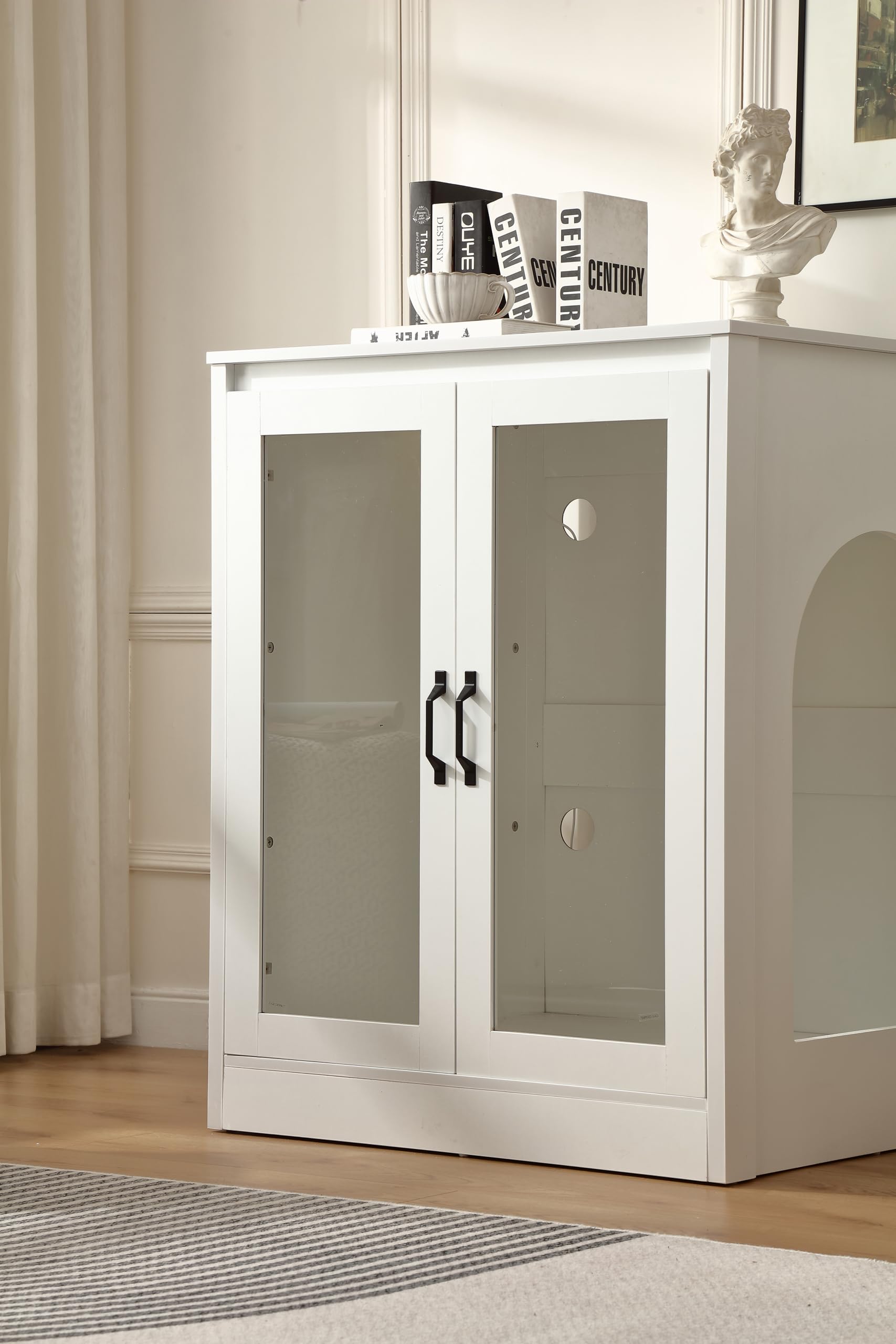 Forest Gravity Cat Litter Robot Enclosure with Cat-Observant Glass Doors,Litter Robot Cabinet with Cozy LED for Cats,Reversible