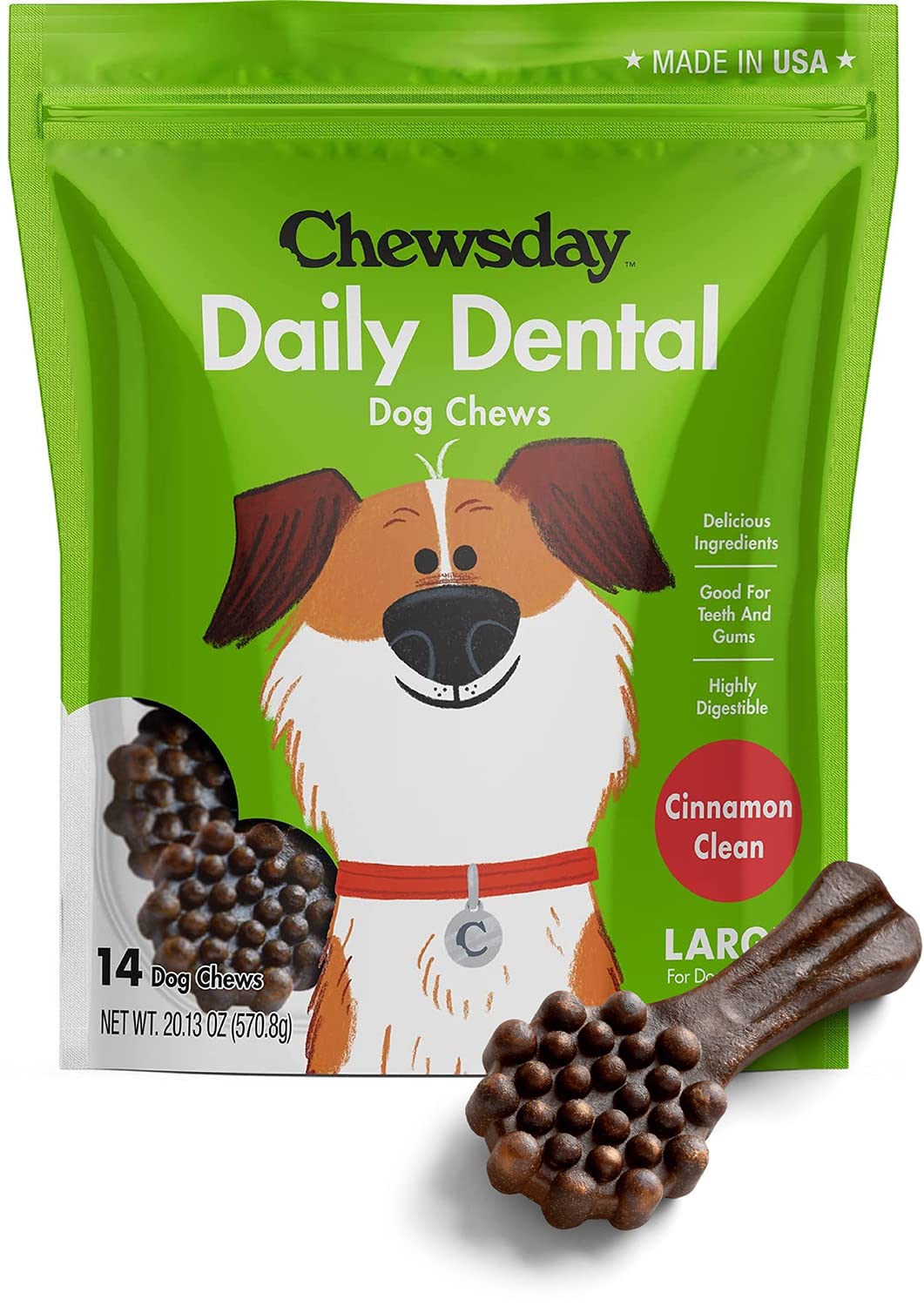 Chewsday Large Cinnamon Clean Daily Dental Dog Chews, Made In The Usa, Natural Highly-Digestible Oral Health Treats For Healthy Gums And Teeth - 14 Count