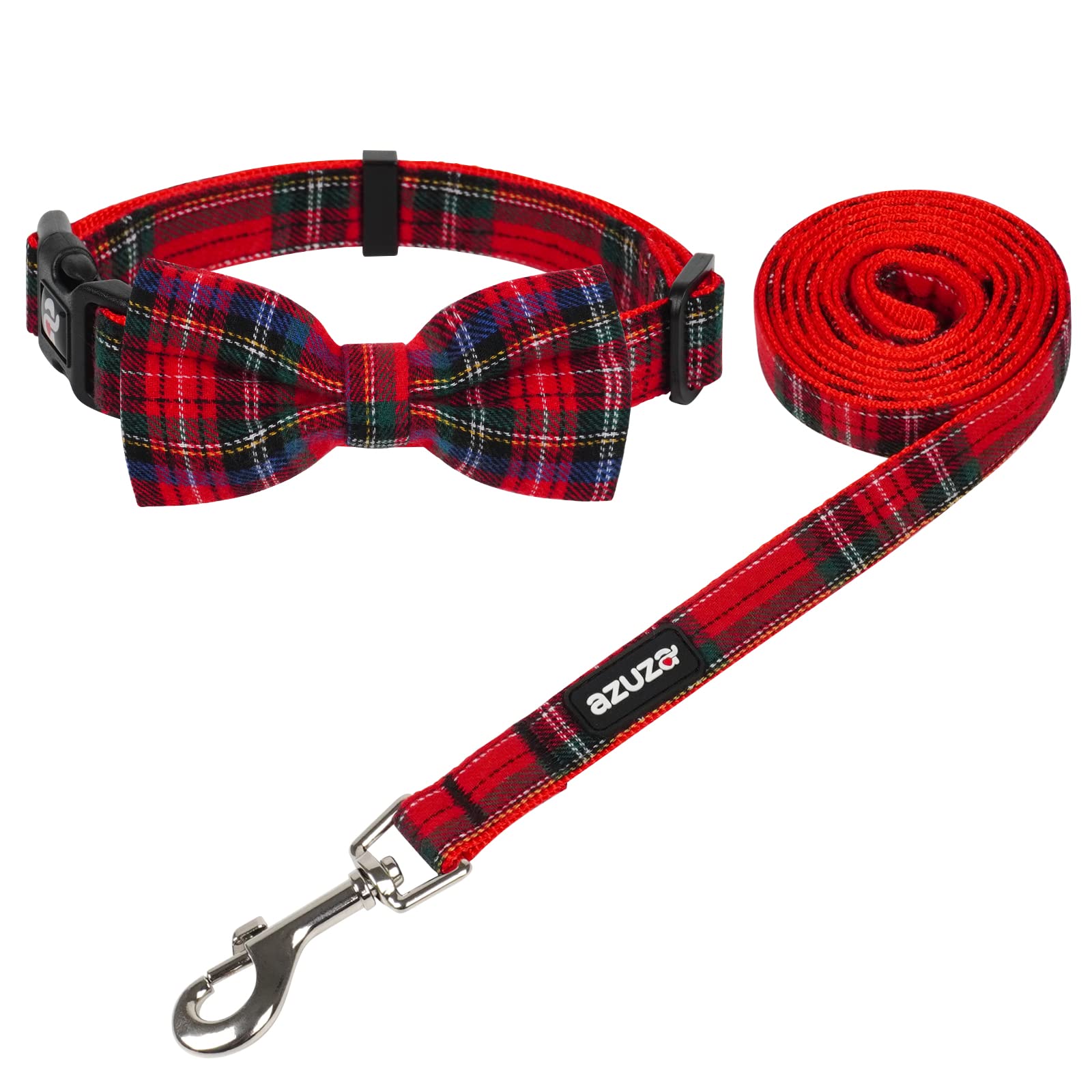 Azuza Christmas Buffalo Dog Collar And Leash Set, Classic Plaid Collar With Removable Bowtie And Matching Leash For Puppy Small Dogs