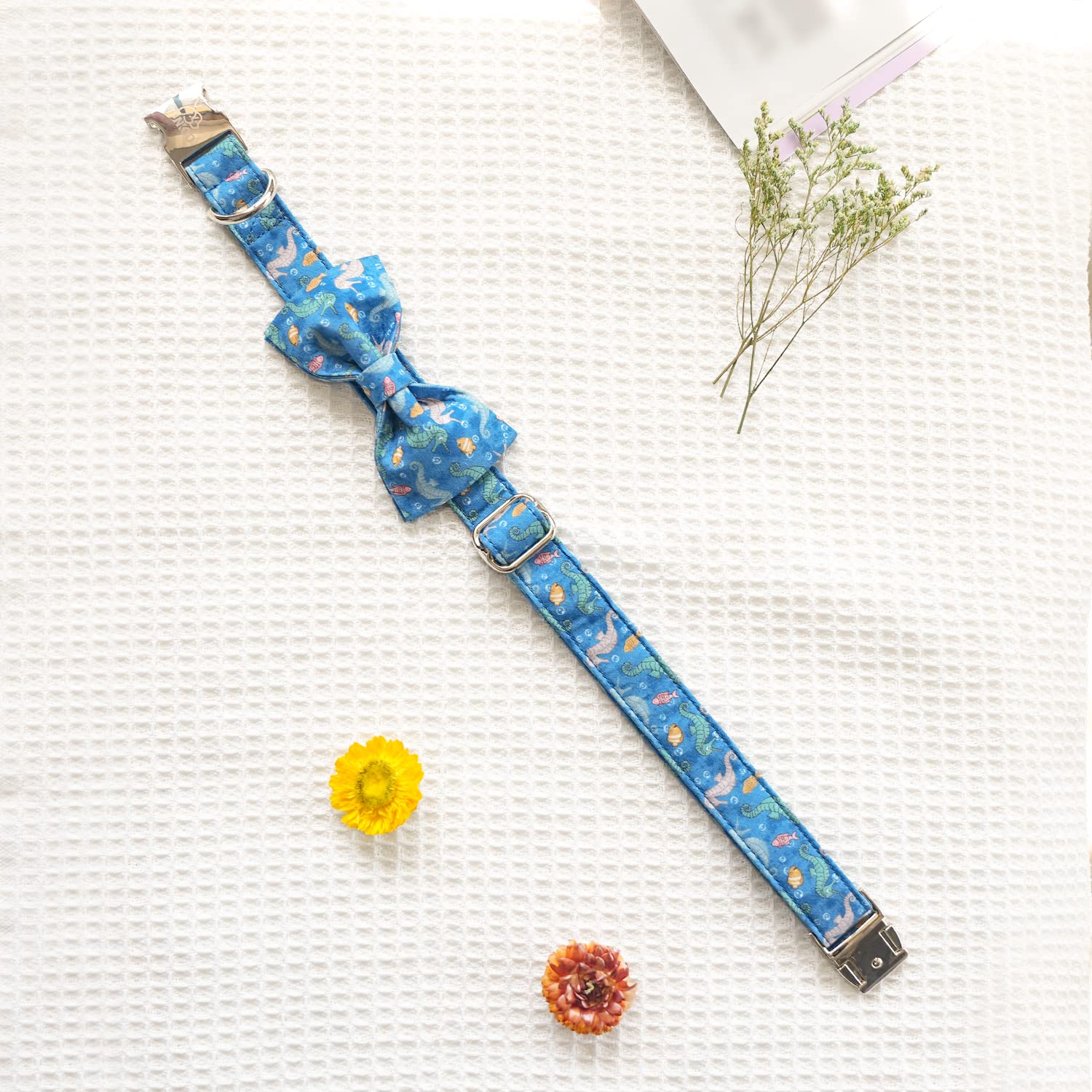 Tunkoo Dog Collar With Bow Tie Elegant Hippocampus Soft Comfy Cotton Adjustable Collar Premium Metal Buckle,Small Medium Large P