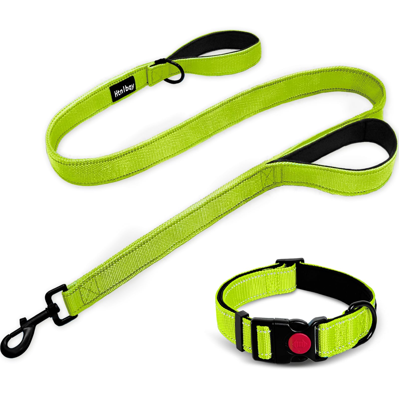 Heavy Duty Double-Sided Reflective Dog Leash, Padded Handle Nylon Reinforced Reflective Buckle Dog Collar, Green, Large, 6Ft