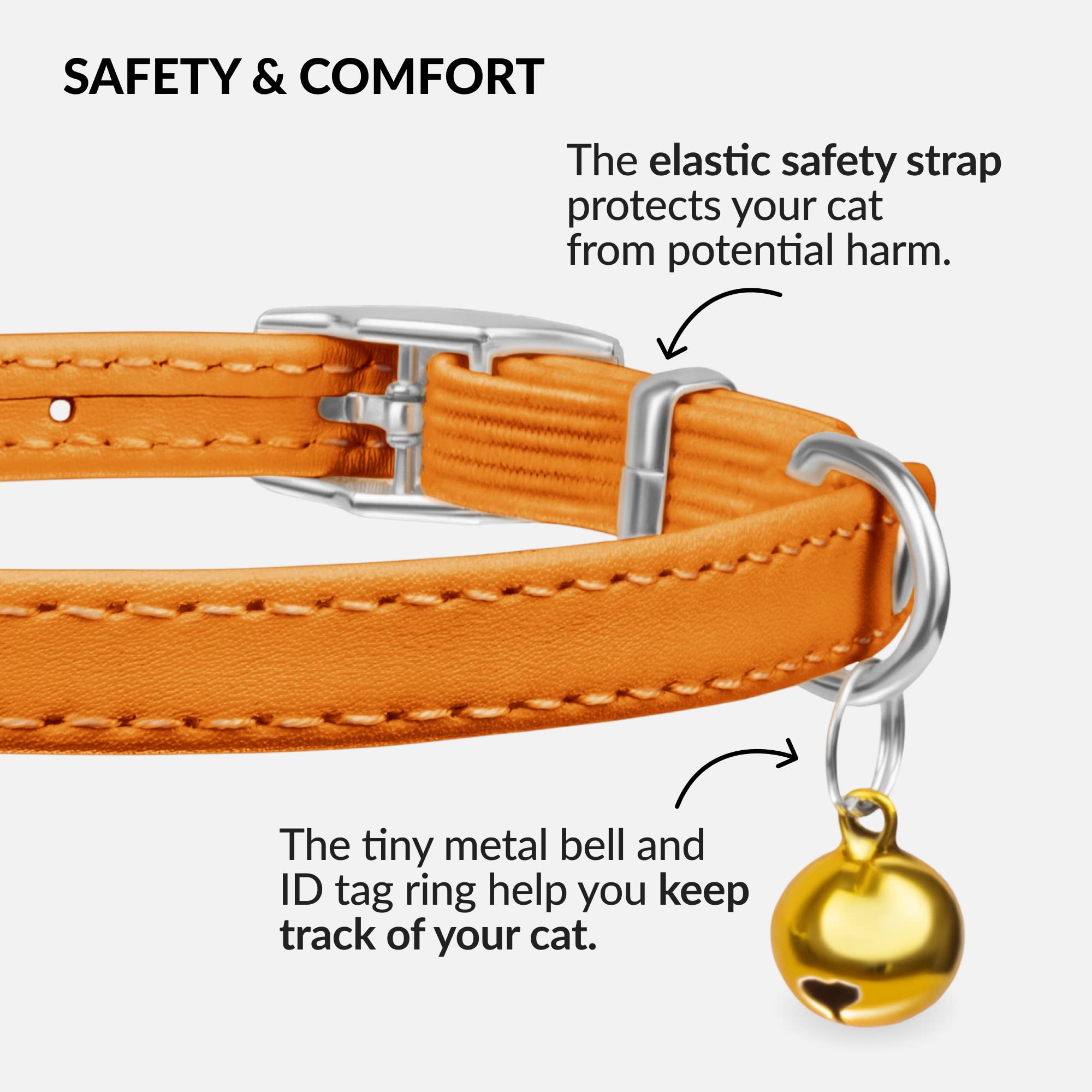 Collardirect Leather Cat Collar With Bell - Kitten Collar, Small And Big Cat Collar For Boy Cats, Girl Cats With Safety Elastic Strap (Neck Fit 6'-7', Orange)