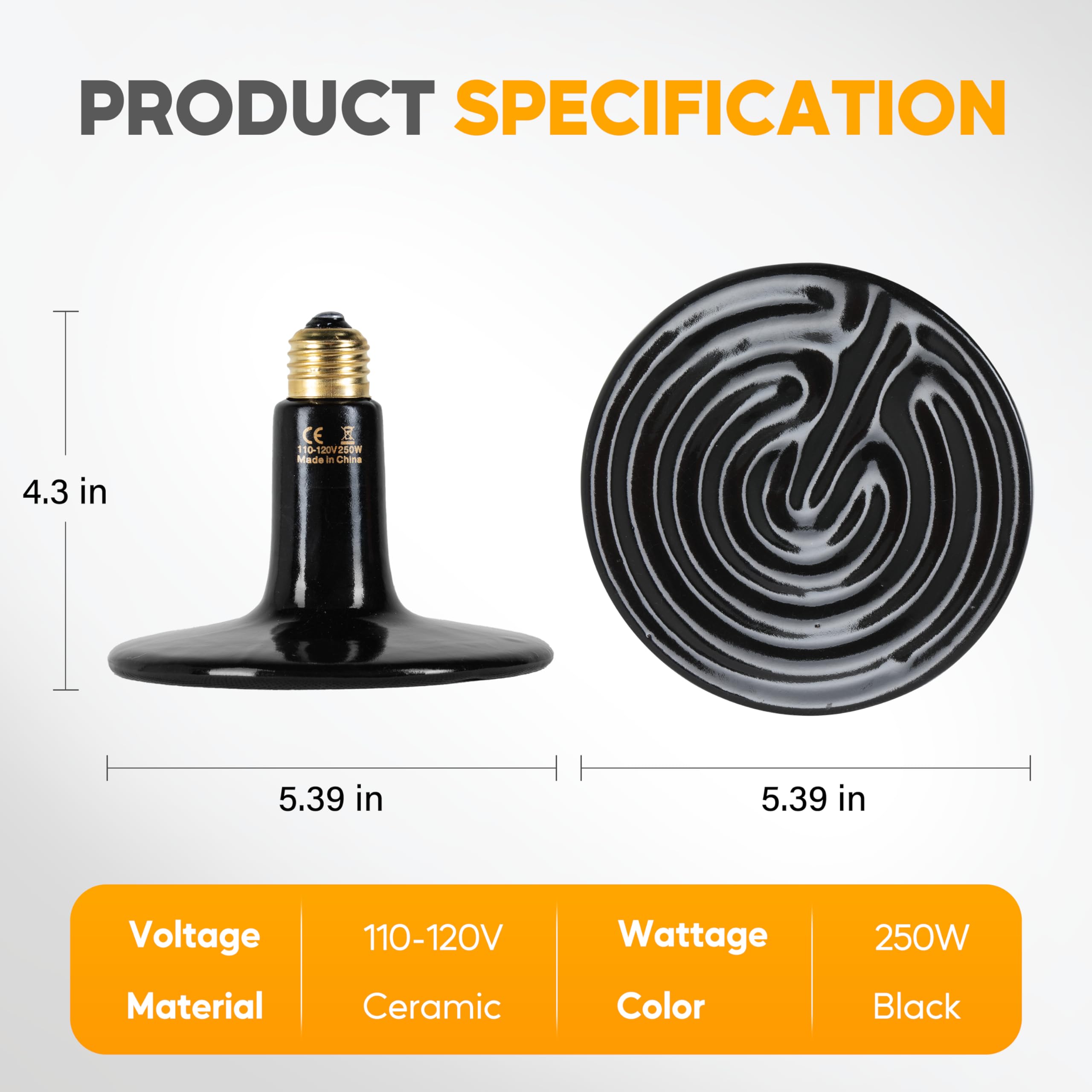 HealSmart 250W Reptile Heat Lamp Ceramic Heat Emitter, No Light Emitting Heat Bulbs, Suitable for Snake/Lizard/Spider, Plant Gro