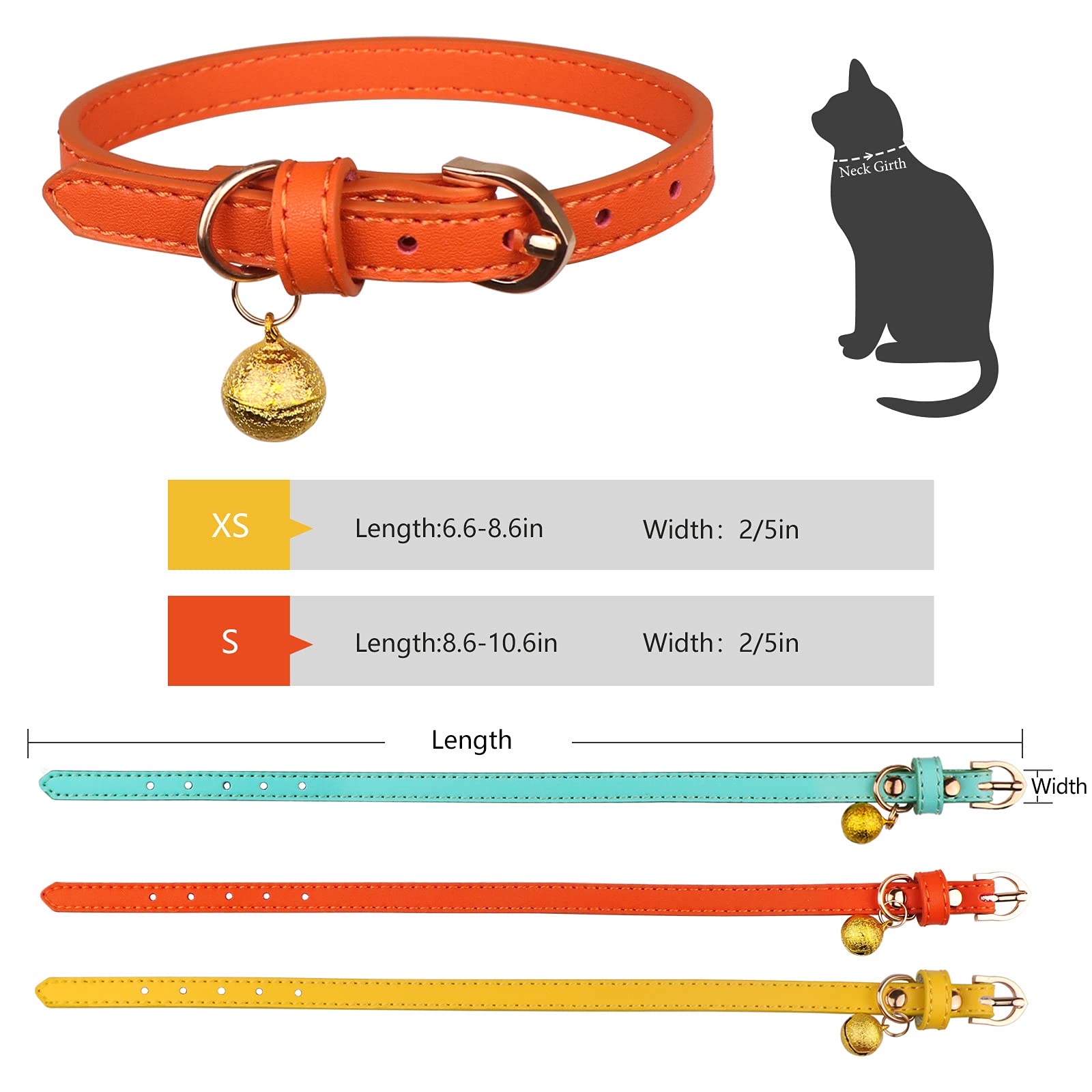 Jamktepat 3 Pack Leather Cat Collars With Bells Soft Pet Safety Collar Kitten Collars With Bell Orange Yellow Mint Green(S)