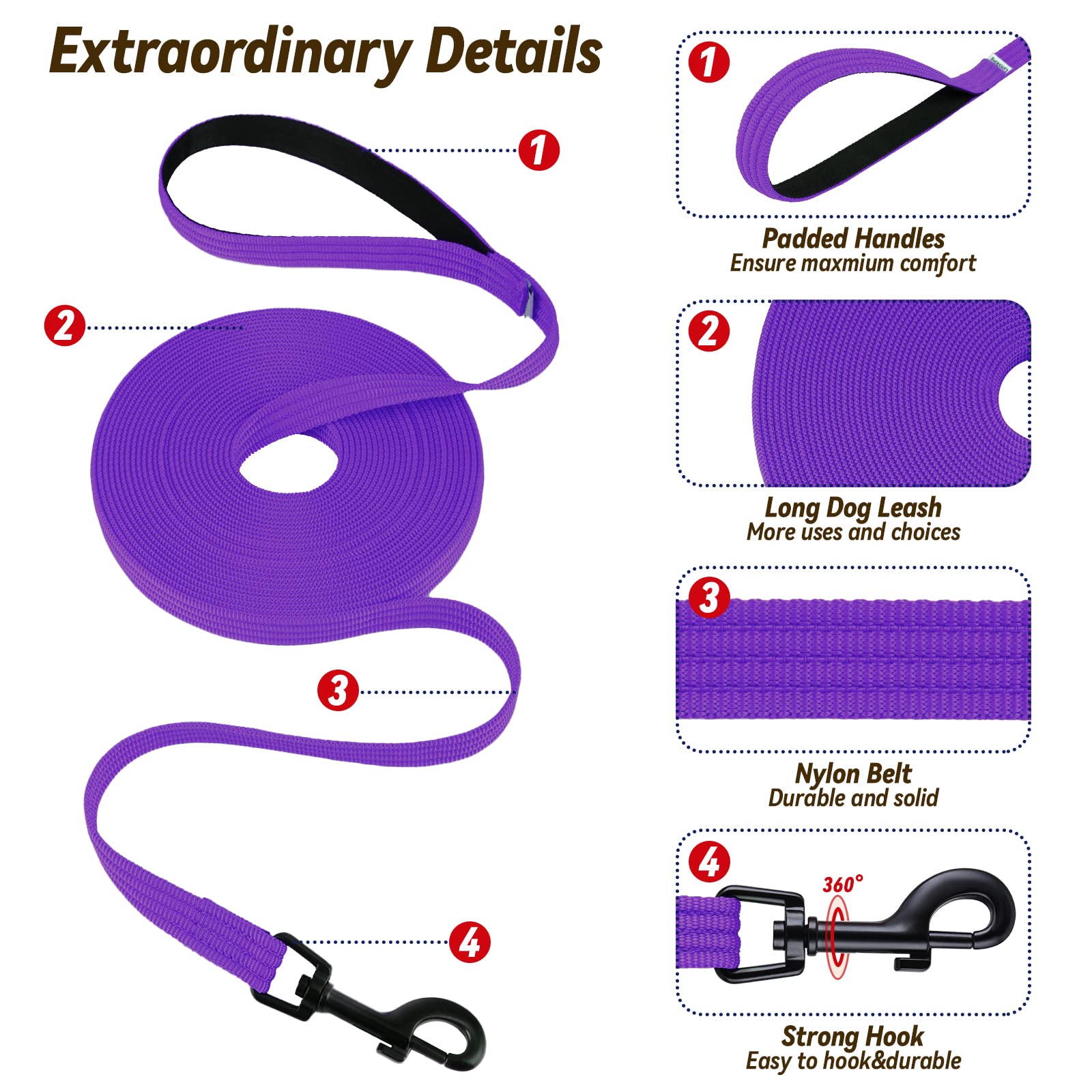Lynxking Dog Training Leash Long Obedience Recall Agility Leash 15Ft 30Ft 50Ft Tracking Lead Perfect For Training Play Camping And Backyard
