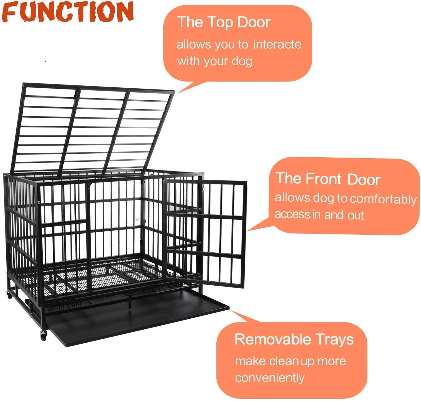 LEMBERI Heavy Duty Indestructible Dog Crate, Escape Proof with Lockable Wheels, 42 inch Alloy Steel, Black, Extra Large for Large Dogs