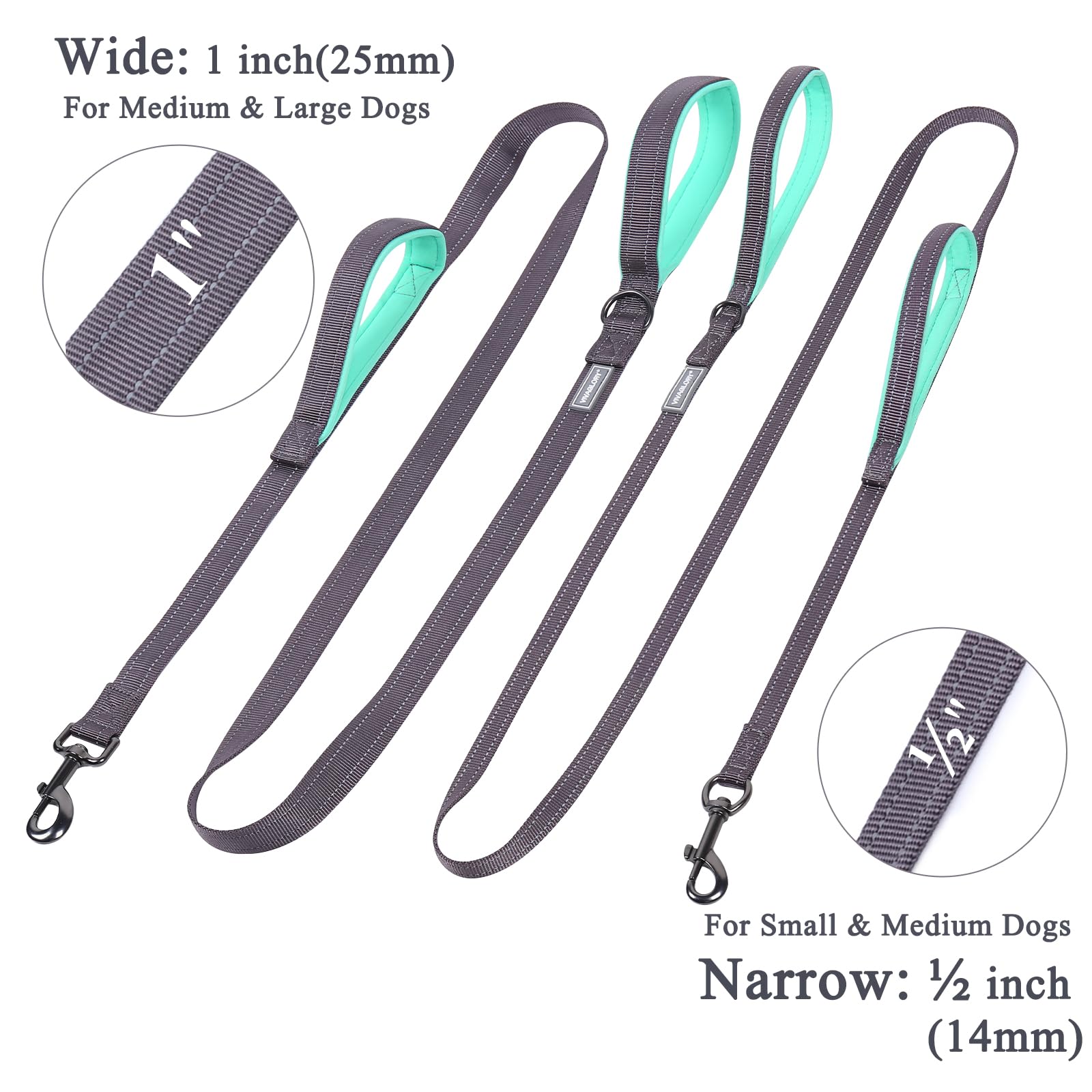 Vivaglory Traffic Handle Dog Leash, Two Padded Soft Handles Dog Leash, Strong Reflective & Metal Hook Training Pet Lead, Grey