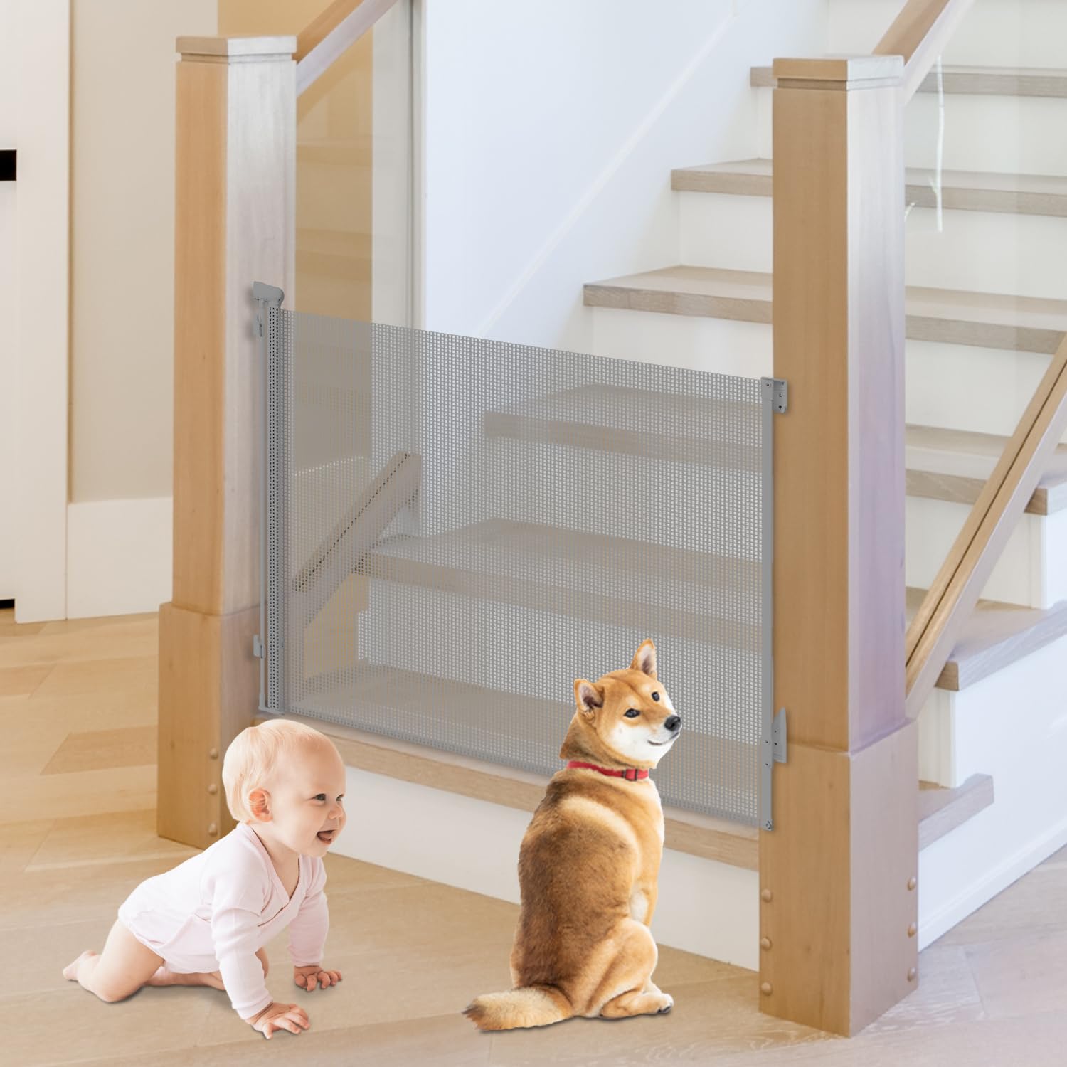 JSQBSECL Retractable Baby Gate, Pet Gate for Stairs, Mesh Dog Gate for Doorways, Safety Locking Gates for Baby Indoor, Stair Gat