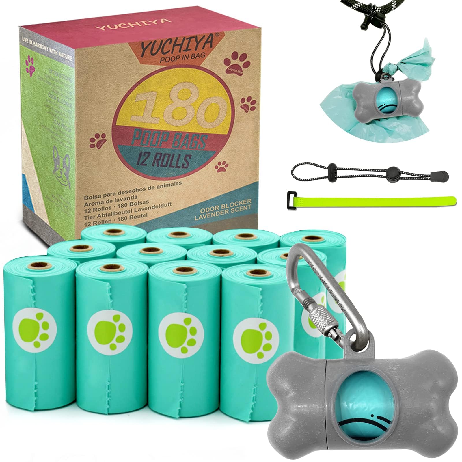 Dog Poop Pickup Bags Holder Dispenser With Standard-Sized Leak-Proof Scented Doggy Waste Bags And Carabiner With Safety Lock&Fas