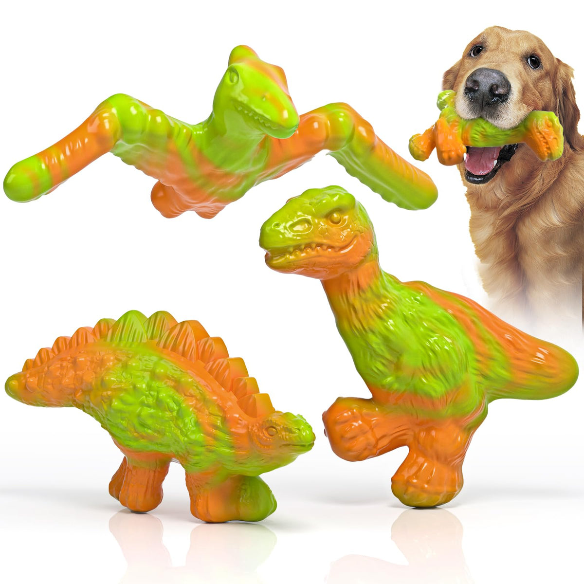 Astravox Dog Toys, 3 Pack Indestructible Tough Dog Chew Toys For Aggressive Chewers, Nylon Bones With Bacon Flavor Dinosaur Teet